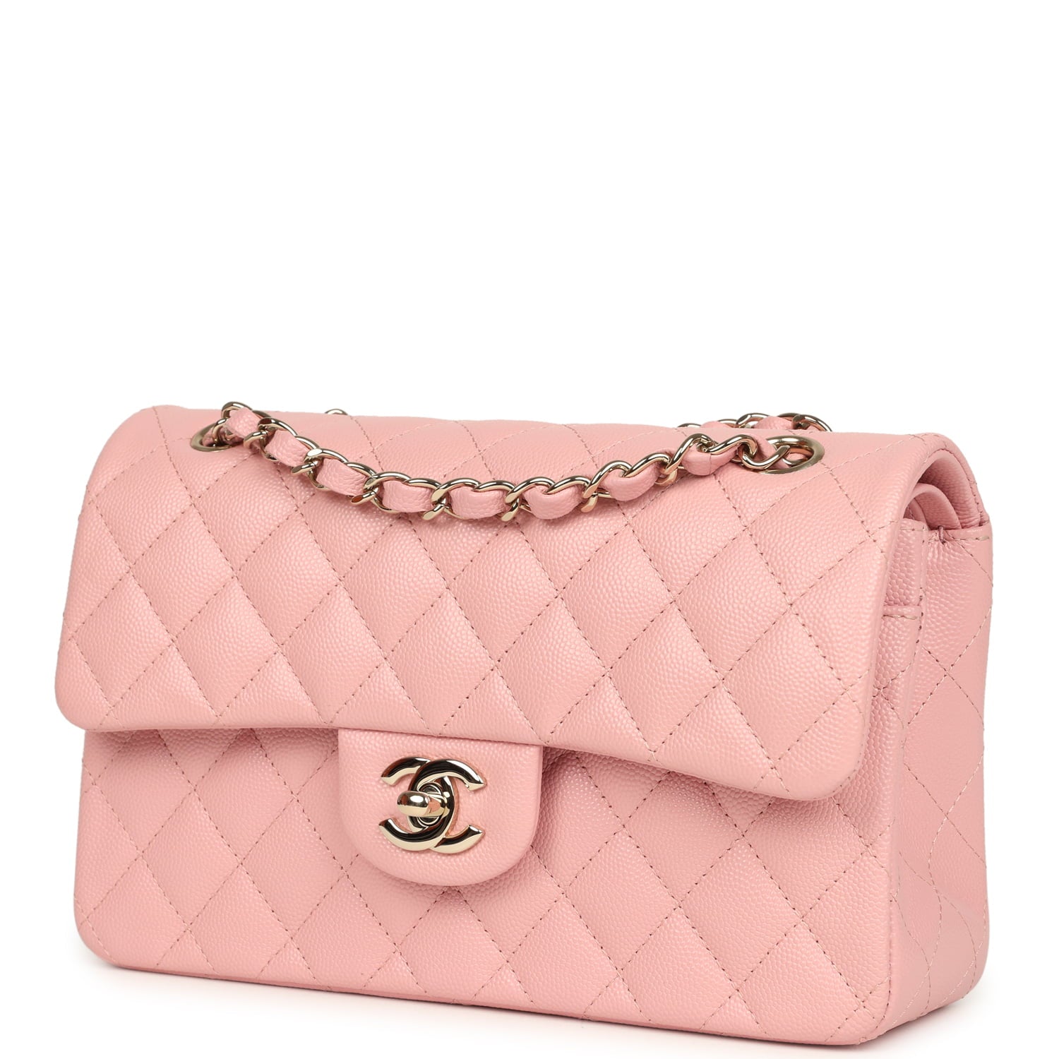 Pre-owned Chanel Small Classic Double Flap Bag Pink Shiny Caviar Light Gold Hardware