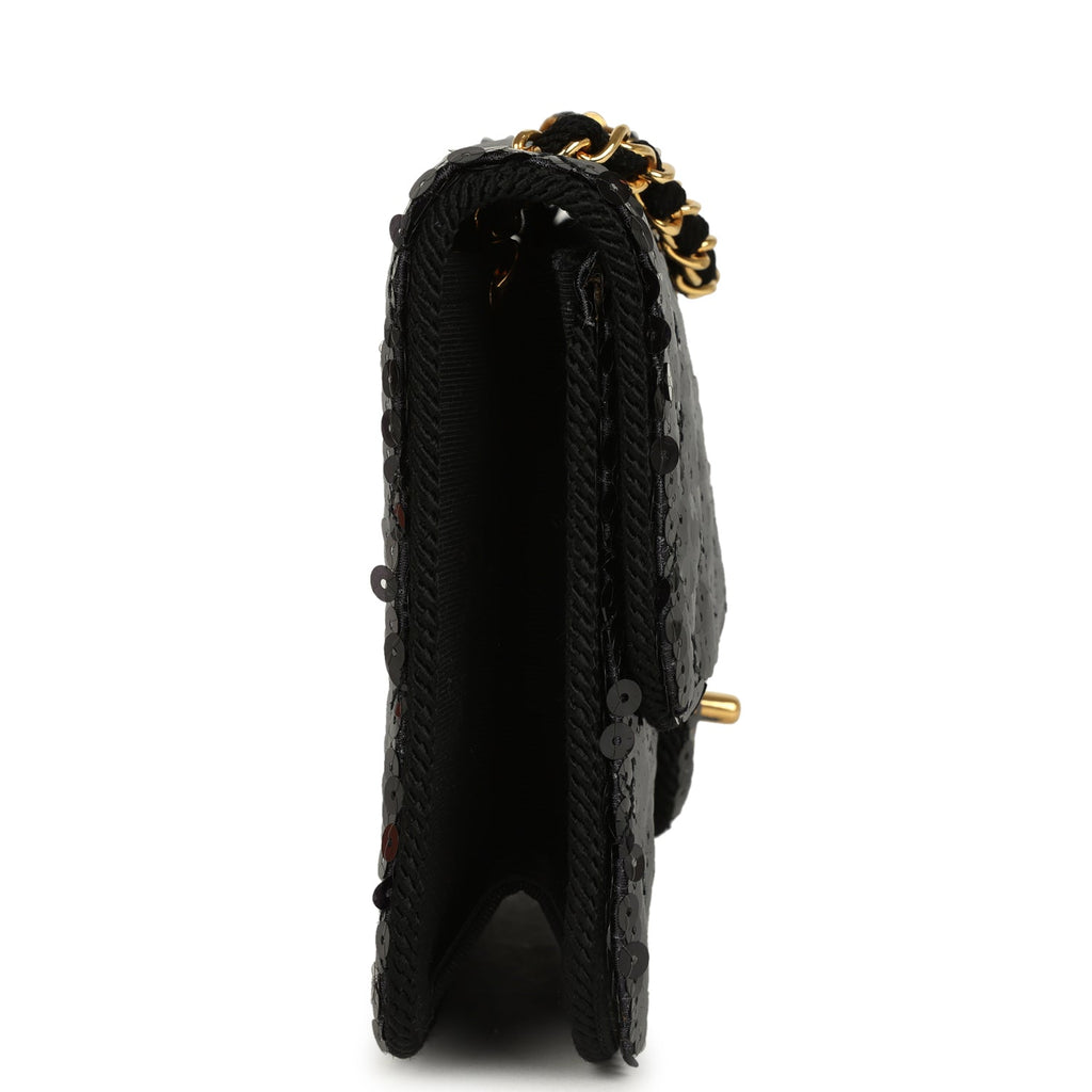 Vintage Chanel Small Flap Bag Black Sequin Gold Hardware