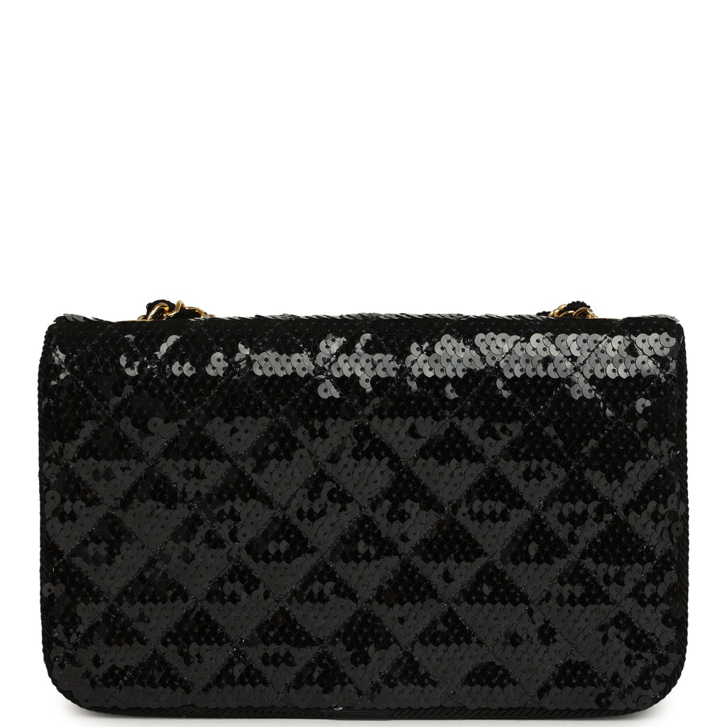 Vintage Chanel Small Flap Bag Black Sequin Gold Hardware