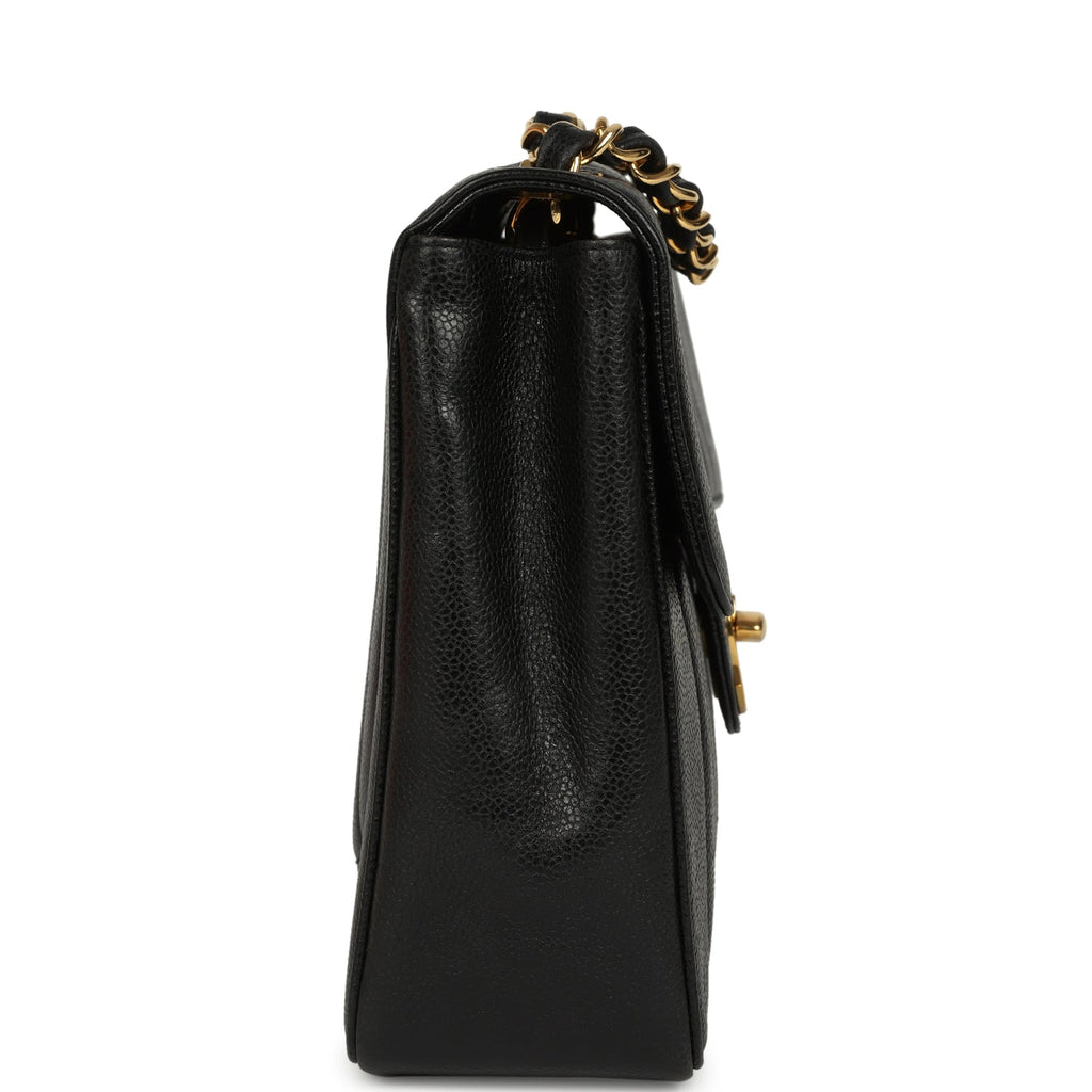 Vintage Chanel Jumbo Classic Mademoiselle Vertical Flap Black Caviar Gold Hardware