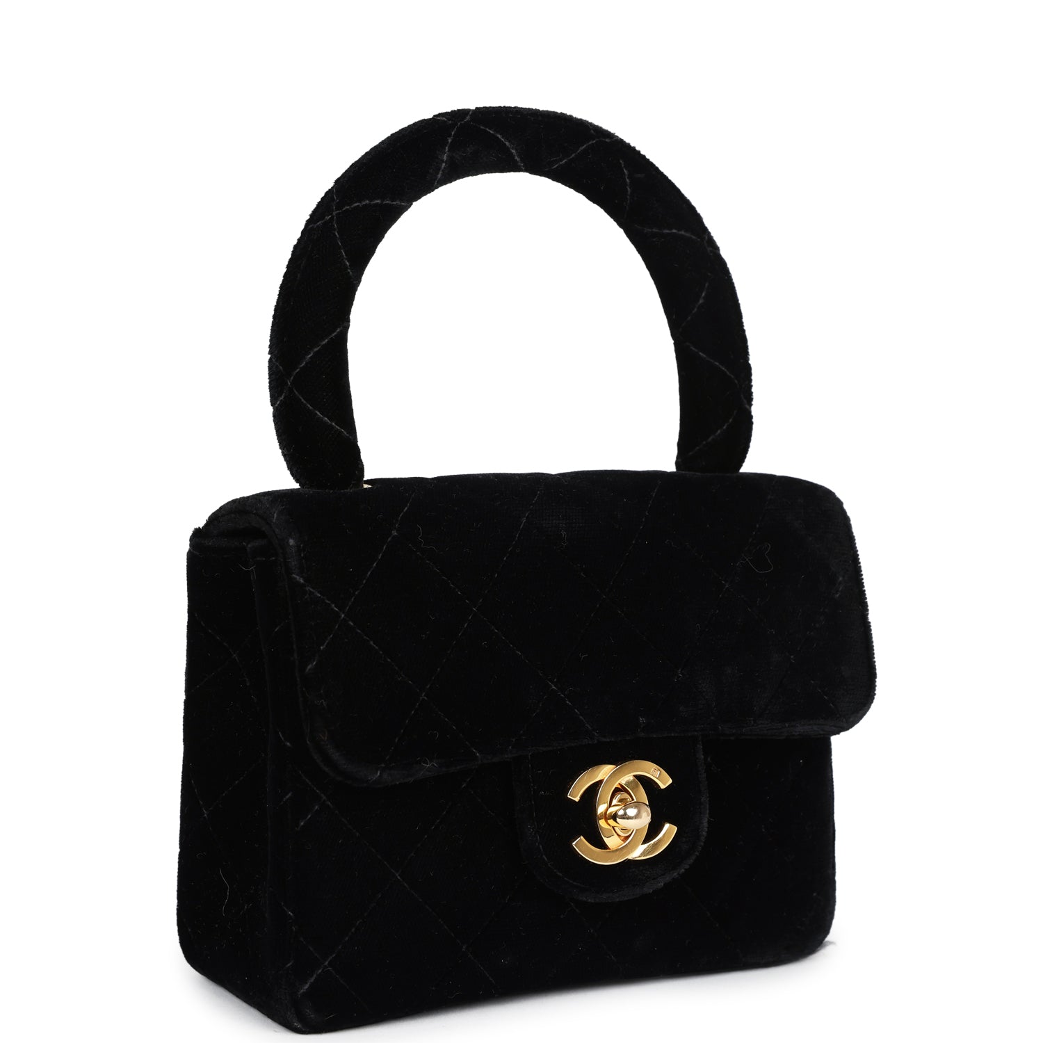 Vintage Chanel Micro Kelly Child Flap Bag Black Velvet Gold Hardware