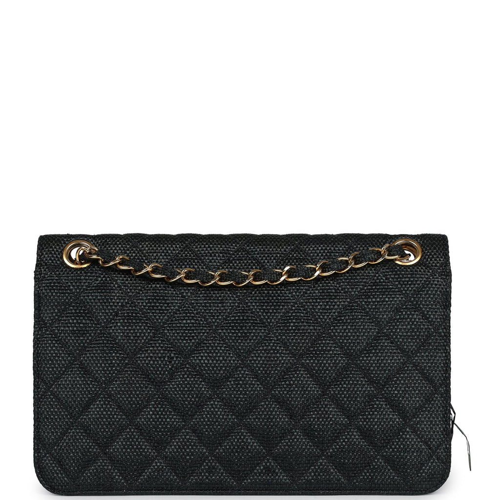 Vintage Chanel Quilted Fringe Single Flap Bag Black Raffia Gold Hardware