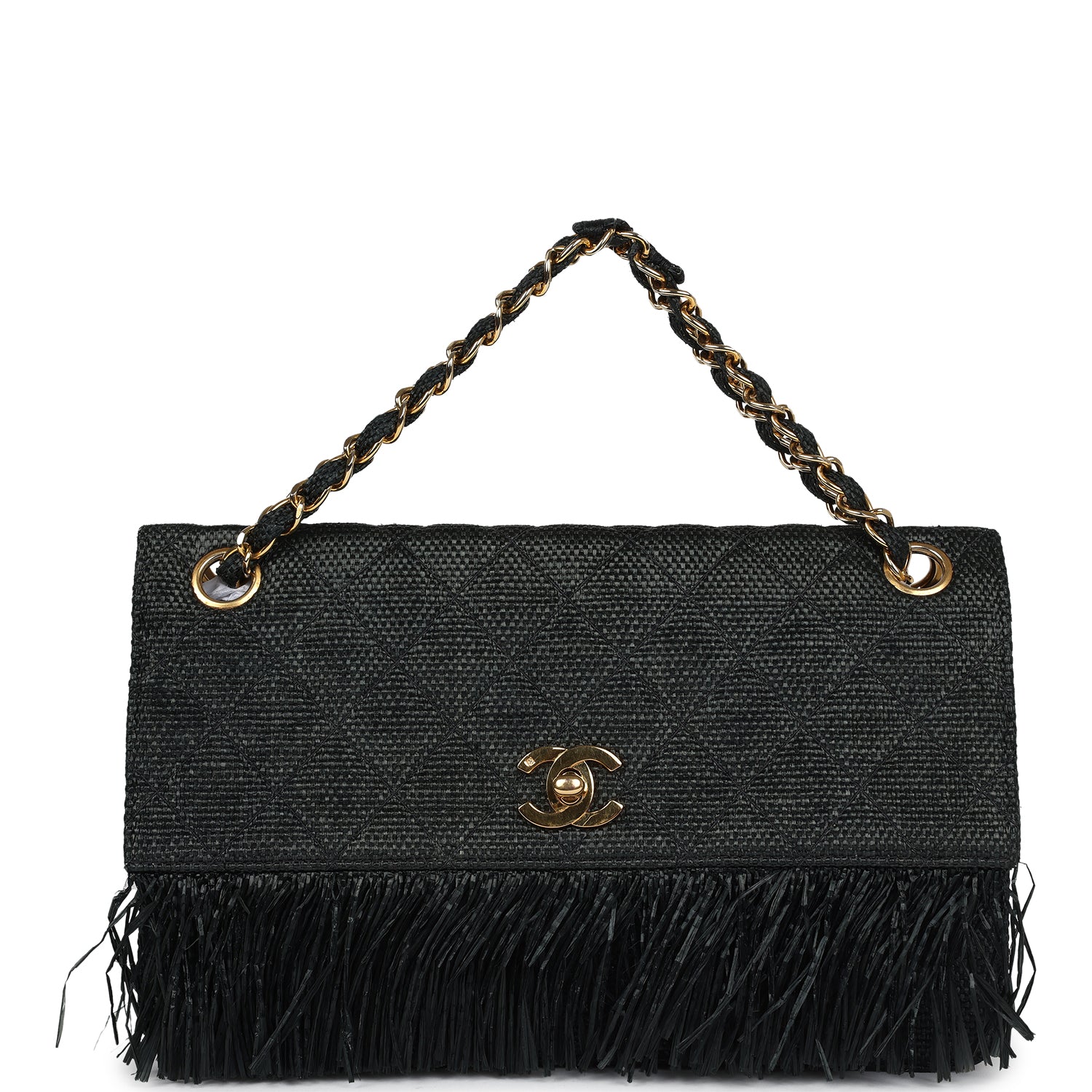 Vintage Chanel Quilted Fringe Single Flap Bag Black Raffia Gold Hardware