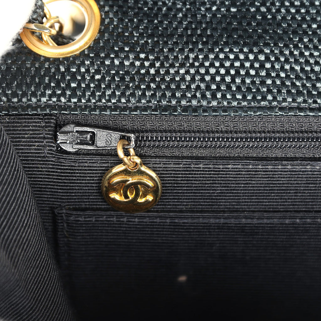 Vintage Chanel Quilted Fringe Single Flap Bag Black Raffia Gold Hardware