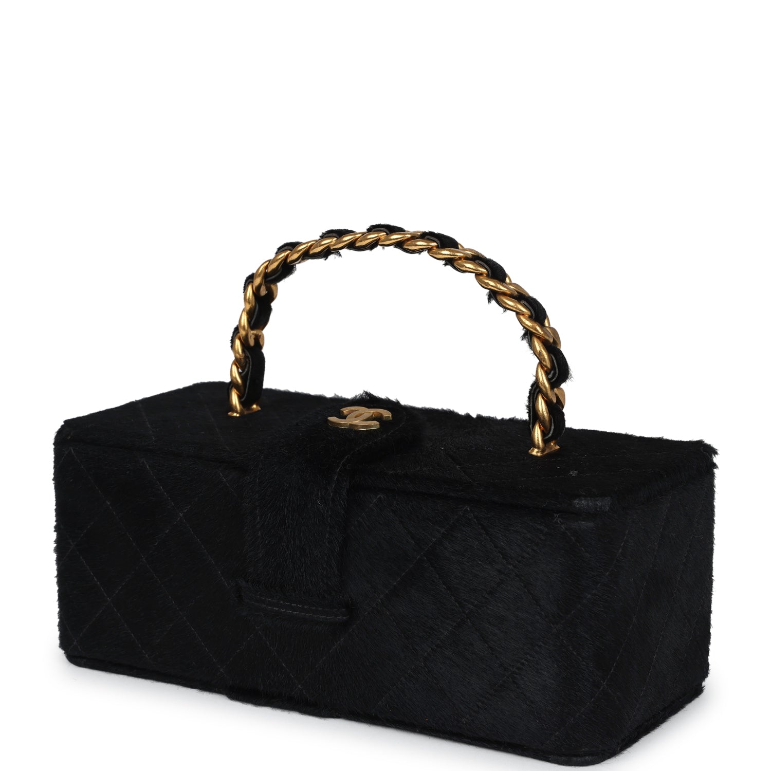 Vintage Chanel Rectangular Vanity Box Black Pony Hair Antique Gold Hardware