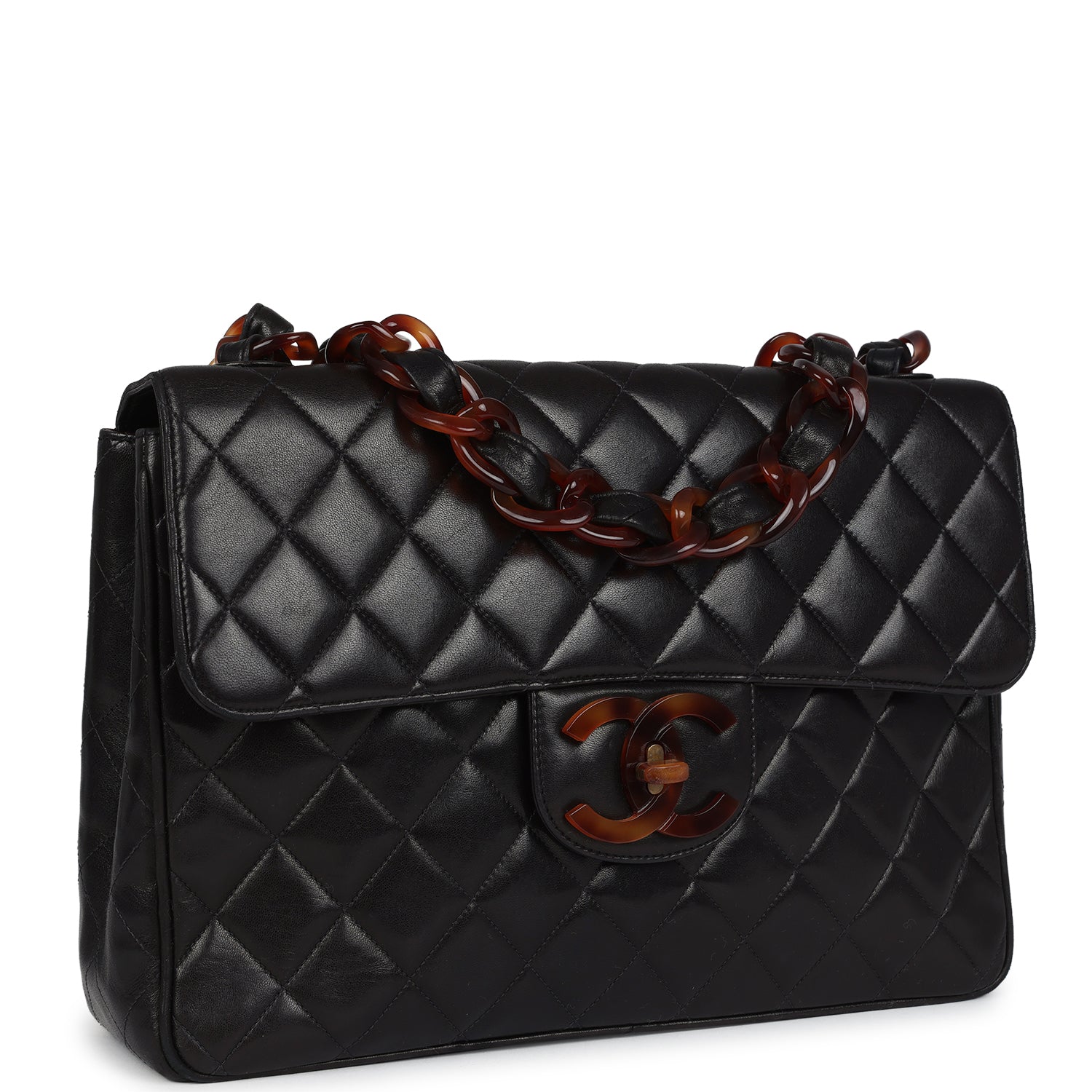 Vintage Chanel Jumbo Classic Single Flap Bag Black Lambskin Tortoiseshell Bakelite Hardware