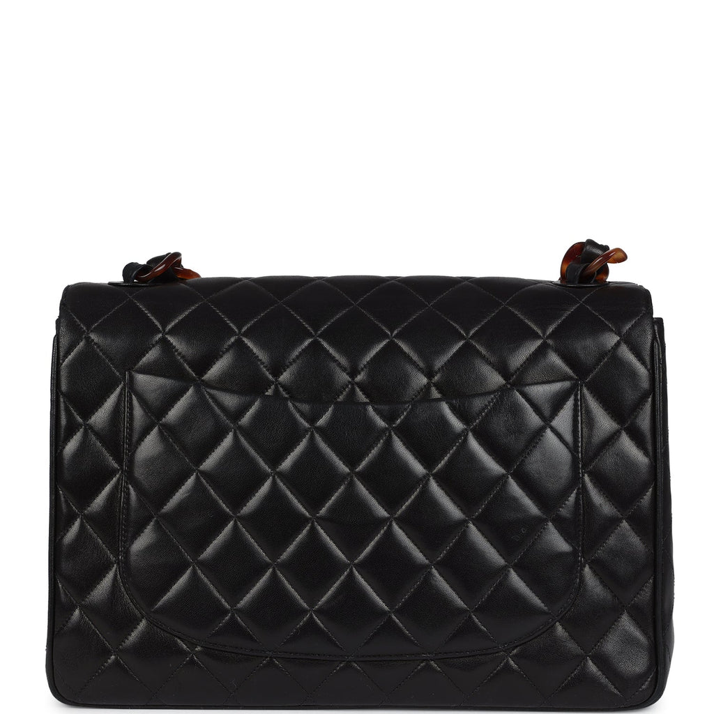 Vintage Chanel Jumbo Classic Single Flap Bag Black Lambskin Tortoiseshell Bakelite Hardware