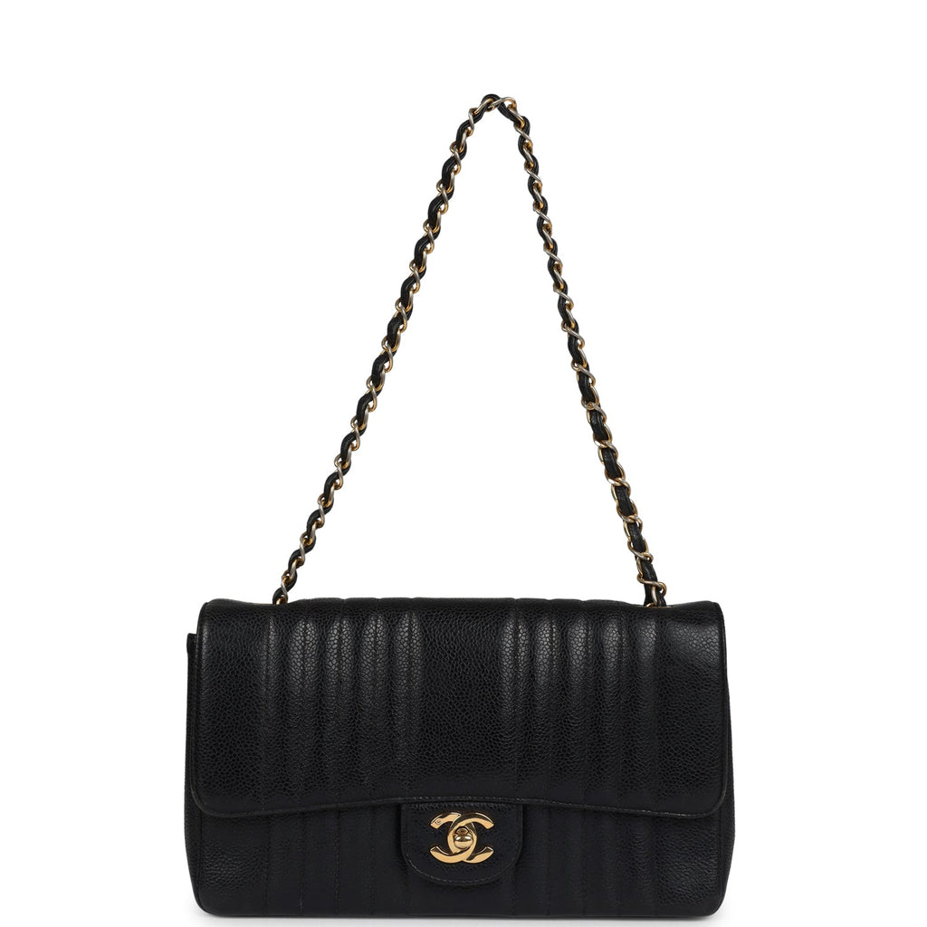 Vintage Chanel Medium Vertical Flap Bag Black Caviar Gold Hardware