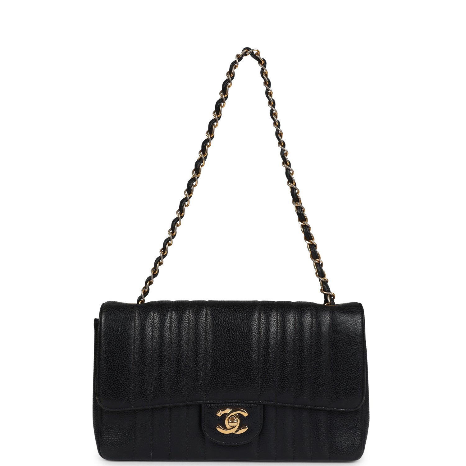 Vintage Chanel Medium Vertical Flap Bag Black Caviar Gold Hardware