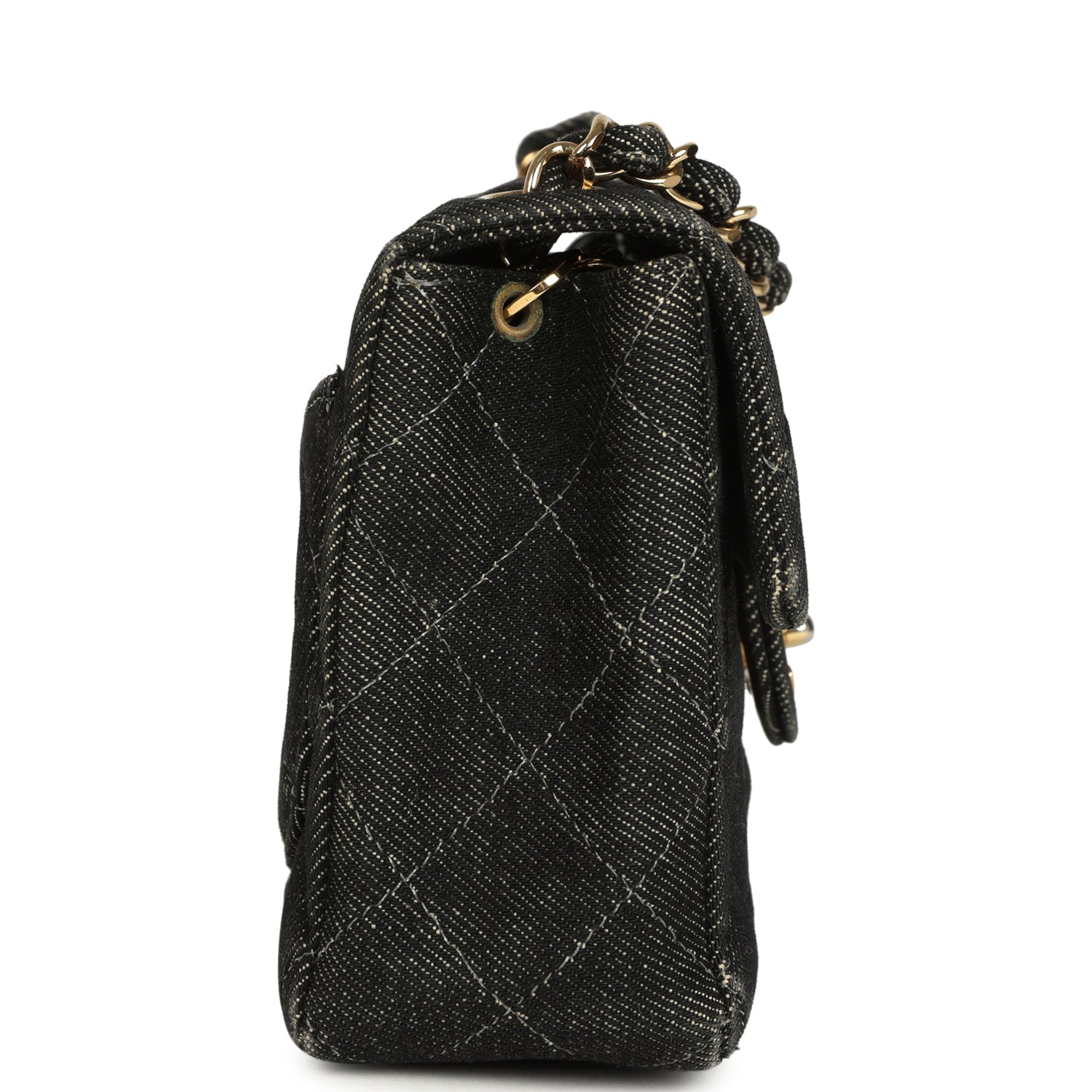 Vintage Chanel Mini Square Flap Bag Black Denim Gold Hardware
