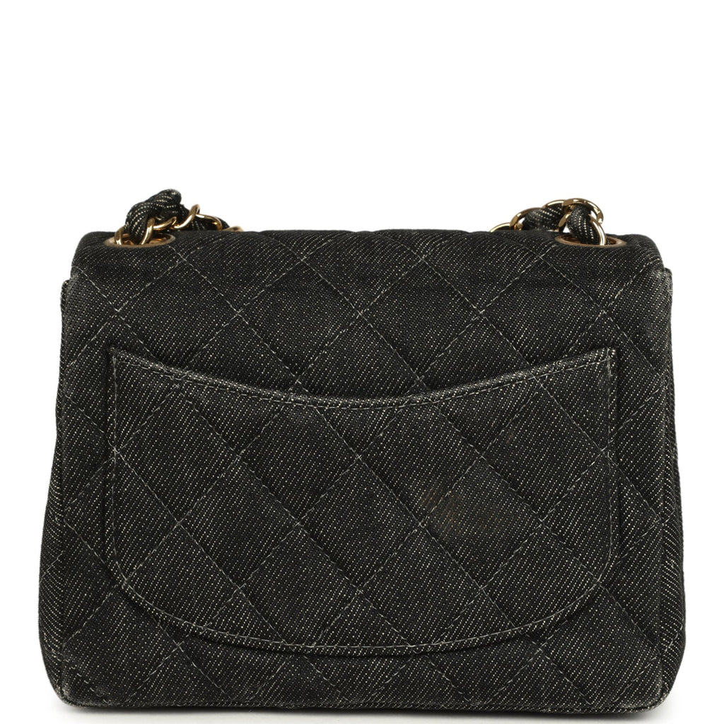 Vintage Chanel Mini Square Flap Bag Black Denim Gold Hardware