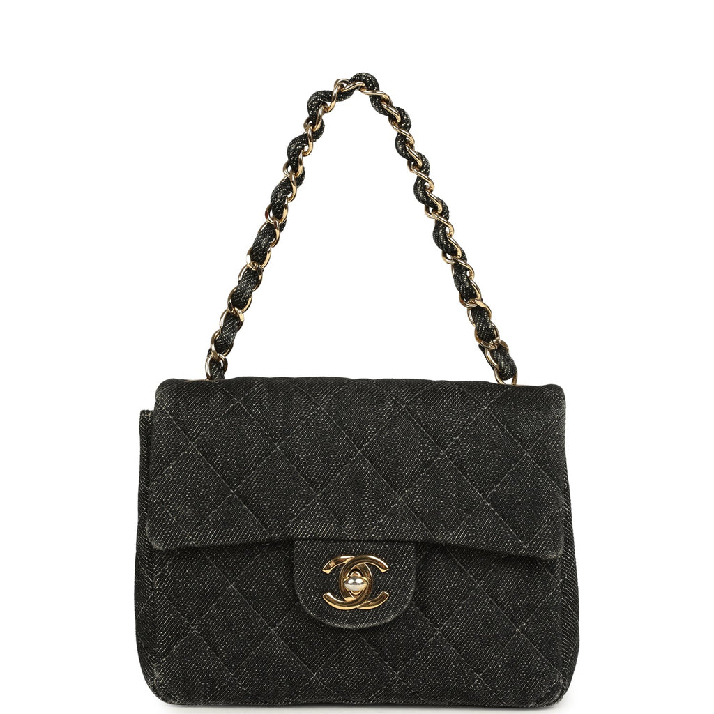Vintage Chanel Mini Square Flap Bag Black Denim Gold Hardware