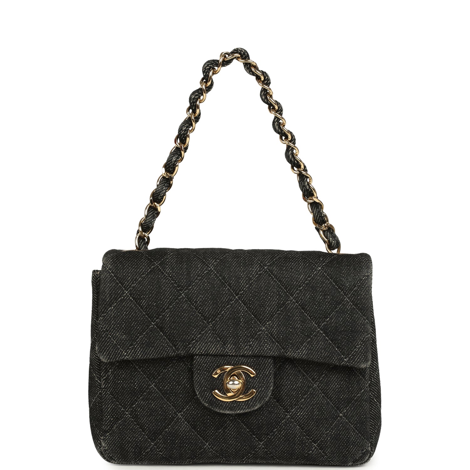 Vintage Chanel Mini Square Flap Bag Black Denim Gold Hardware