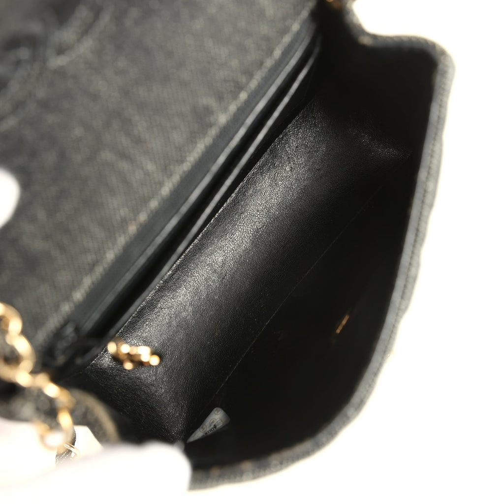 Vintage Chanel Mini Square Flap Bag Black Denim Gold Hardware