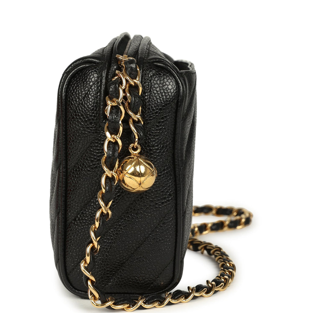 Vintage Chanel Mini Diagonal Quilted Camera Bag Black Caviar Gold Hardware