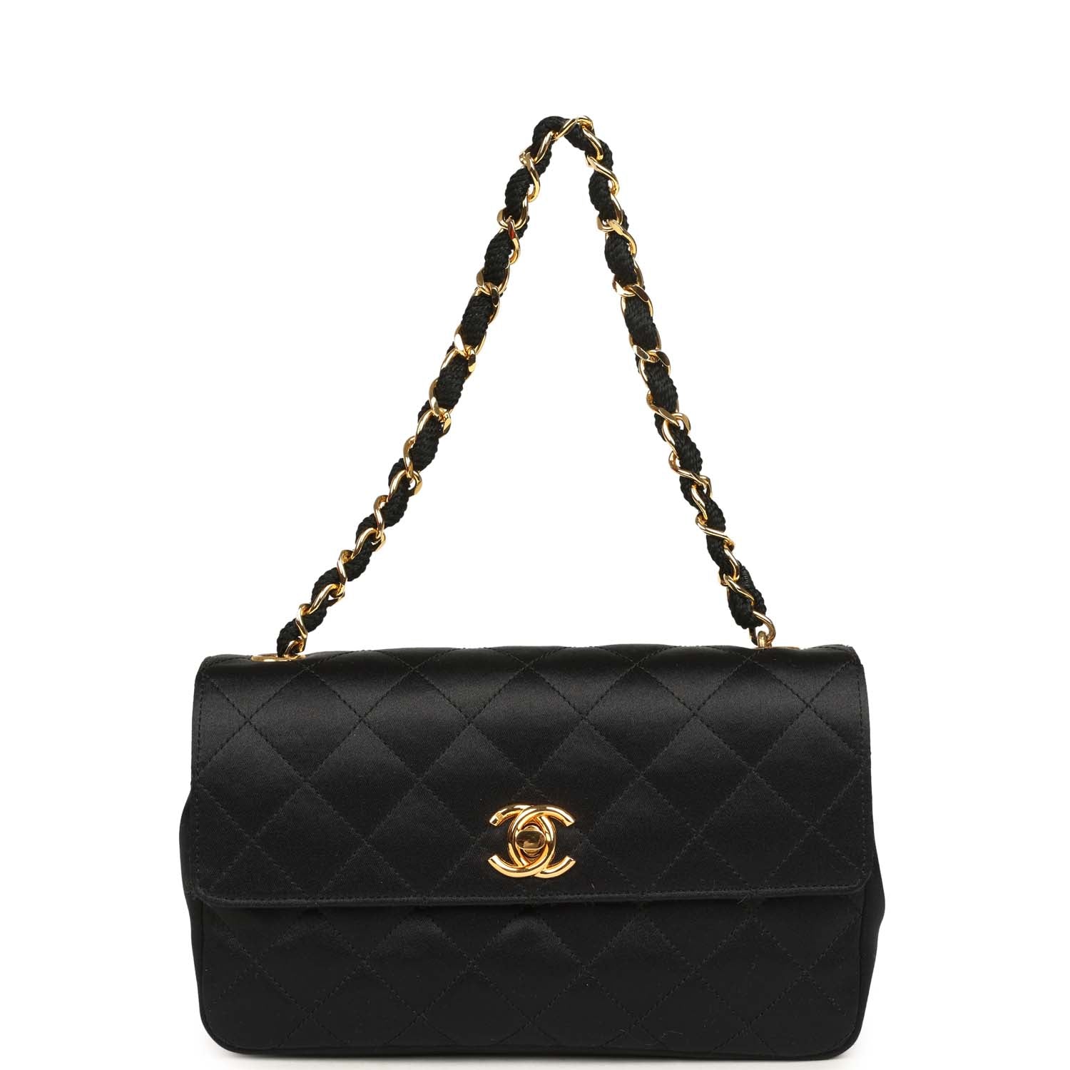 Vintage Chanel Mini Rectangular Flap Bag Black Satin Gold Hardware