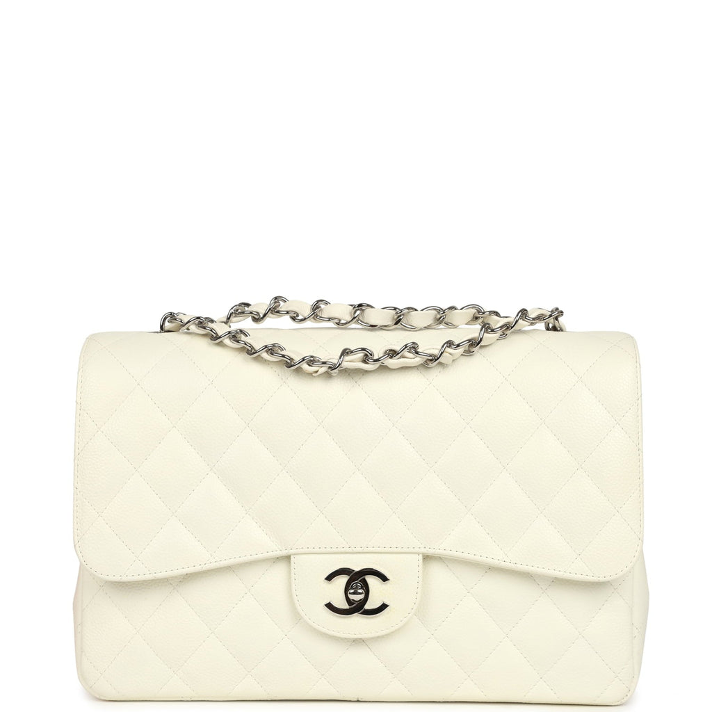 Vintage Chanel Classic Jumbo Single Flap Bag White Caviar Silver Hardware