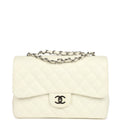 Vintage Chanel Classic Jumbo Single Flap Bag White Caviar Silver Hardware