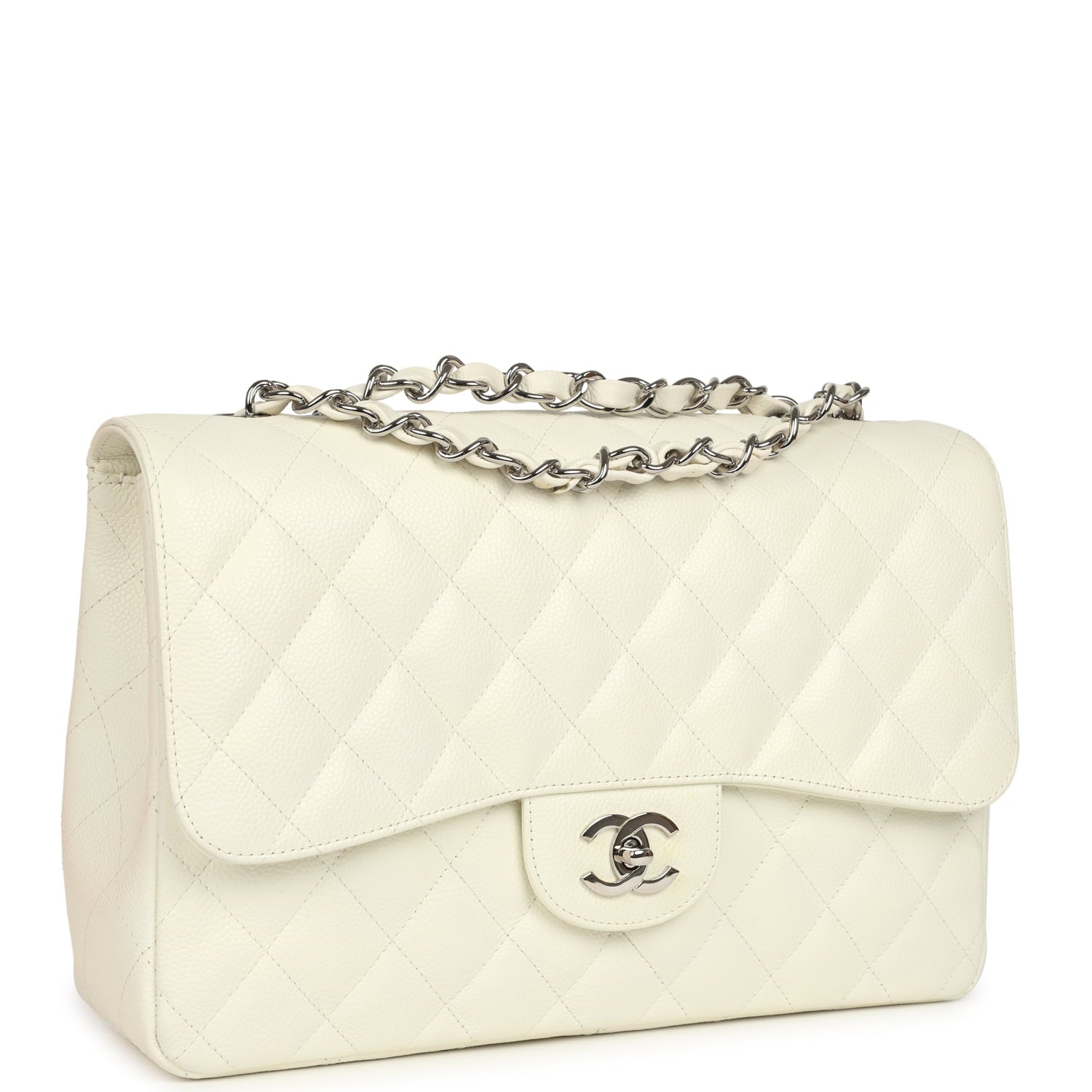 Vintage Chanel Classic Jumbo Single Flap Bag White Caviar Silver Hardware