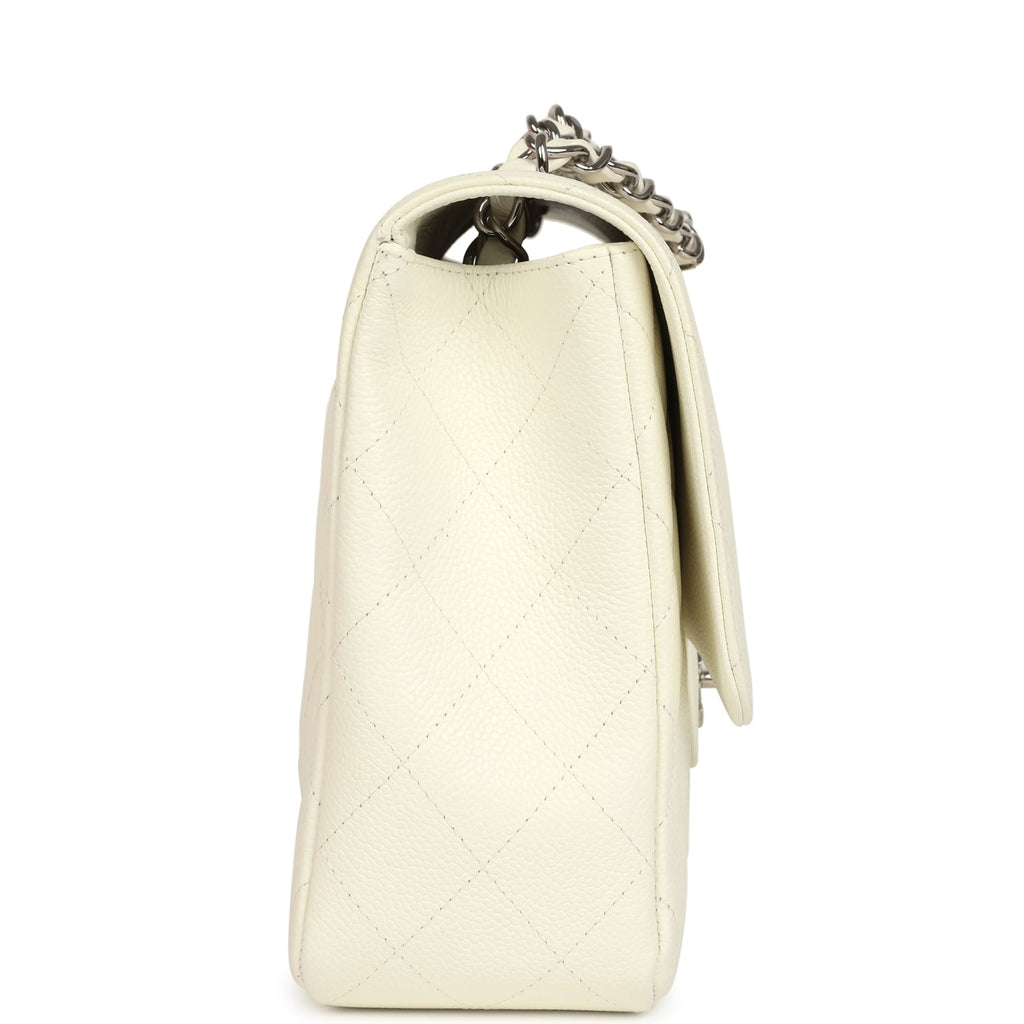 Vintage Chanel Classic Jumbo Single Flap Bag White Caviar Silver Hardware