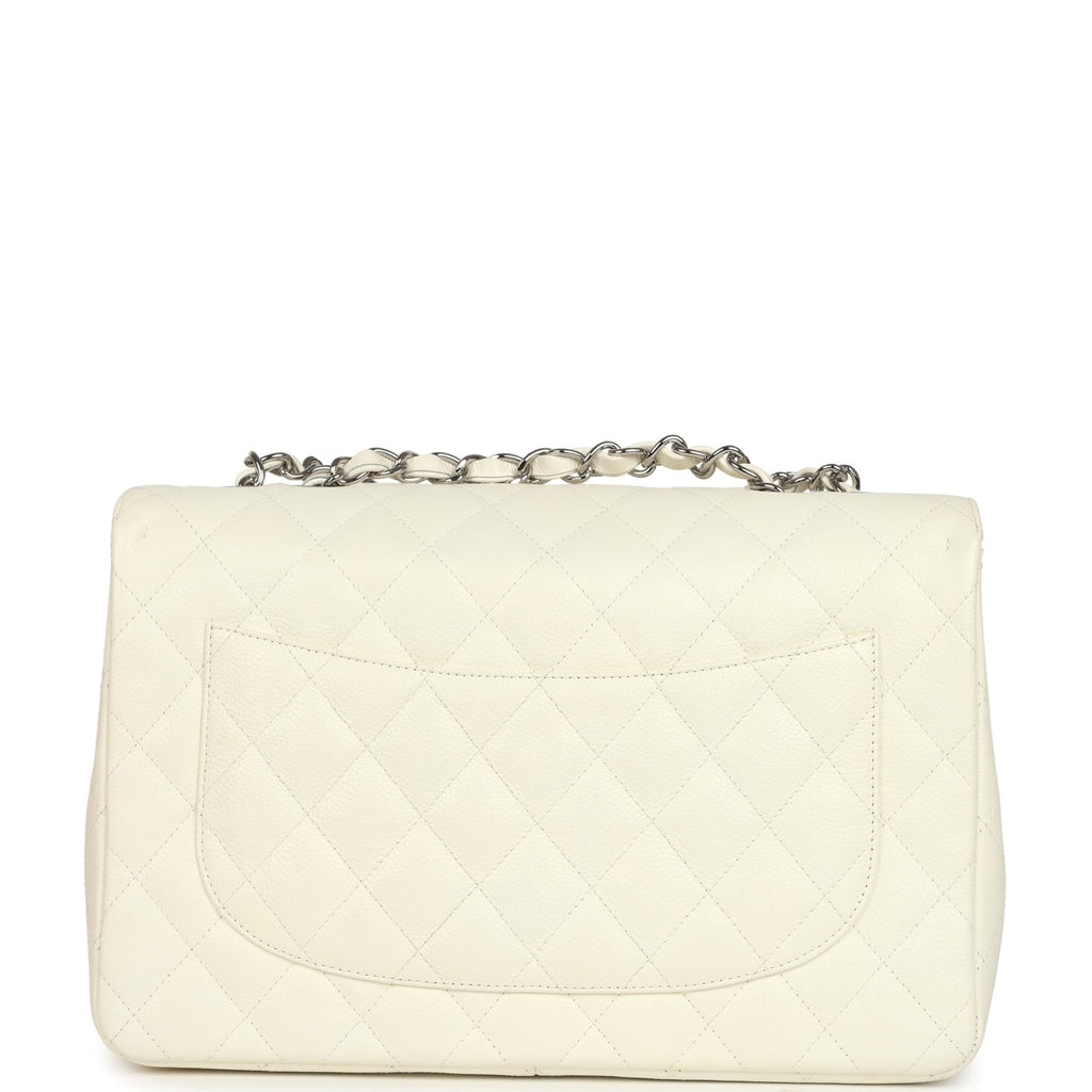 Vintage Chanel Classic Jumbo Single Flap Bag White Caviar Silver Hardware