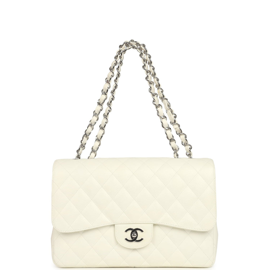 Vintage Chanel Classic Jumbo Single Flap Bag White Caviar Silver Hardware