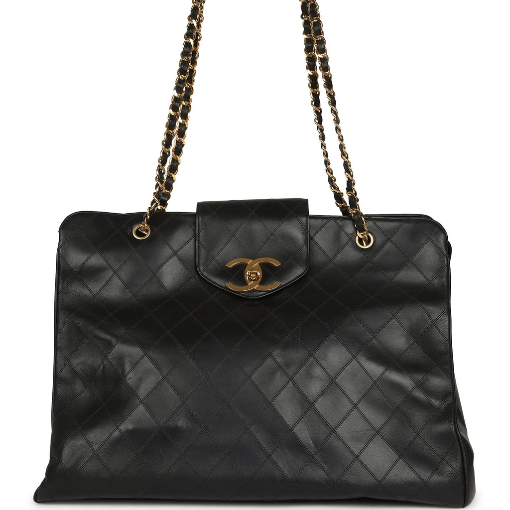 Vintage Chanel XL Supermodel Tote Bag Black Calfskin Gold Hardware