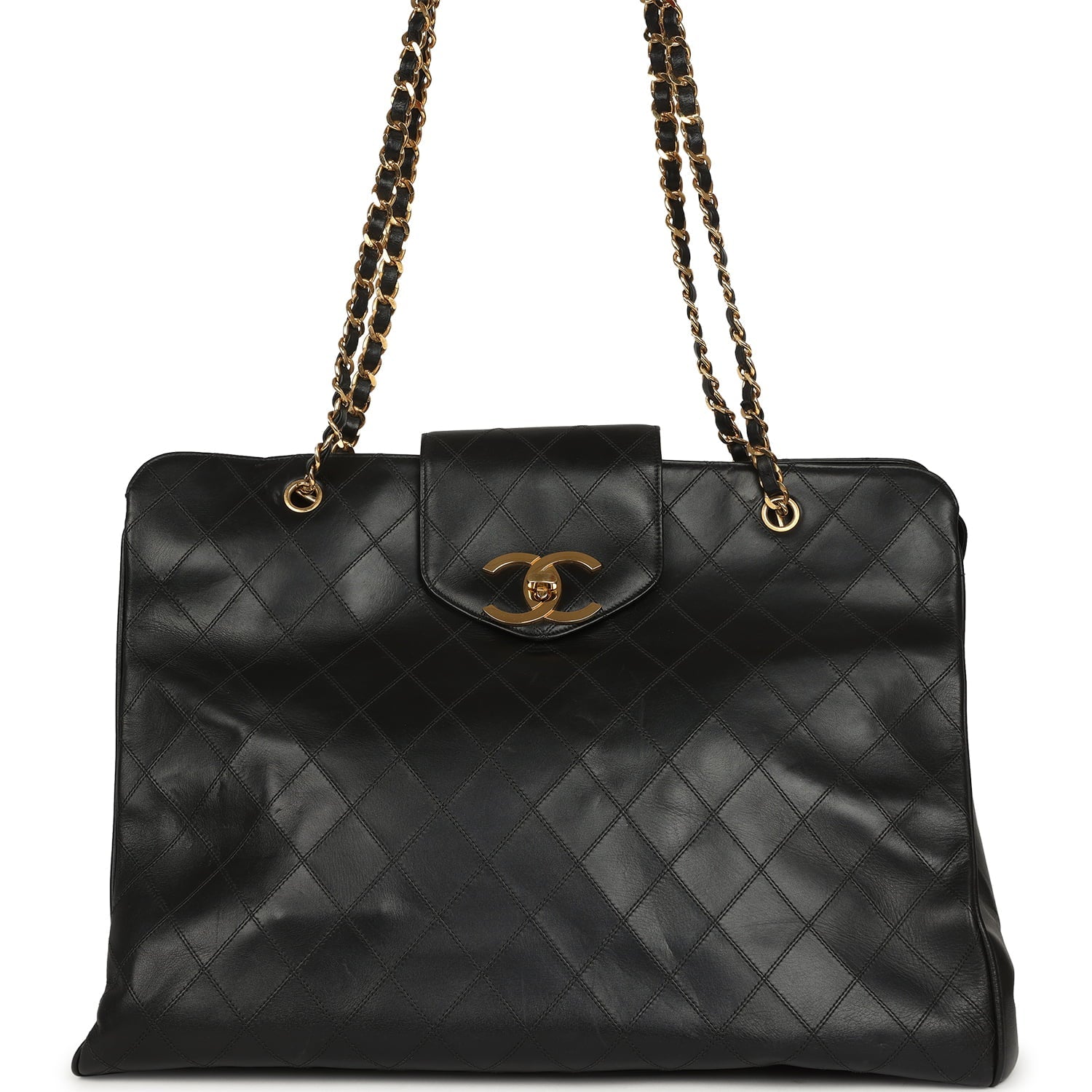 Vintage Chanel XL Supermodel Tote Bag Black Calfskin Gold Hardware