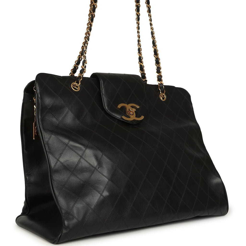 Vintage Chanel XL Supermodel Tote Bag Black Calfskin Gold Hardware