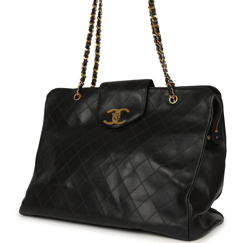 Vintage Chanel XL Supermodel Tote Bag Black Calfskin Gold Hardware