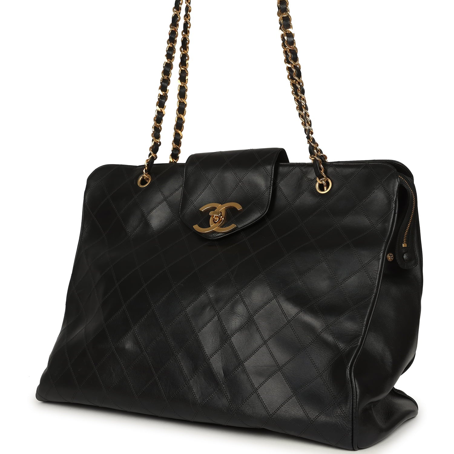 Vintage Chanel XL Supermodel Tote Bag Black Calfskin Gold Hardware