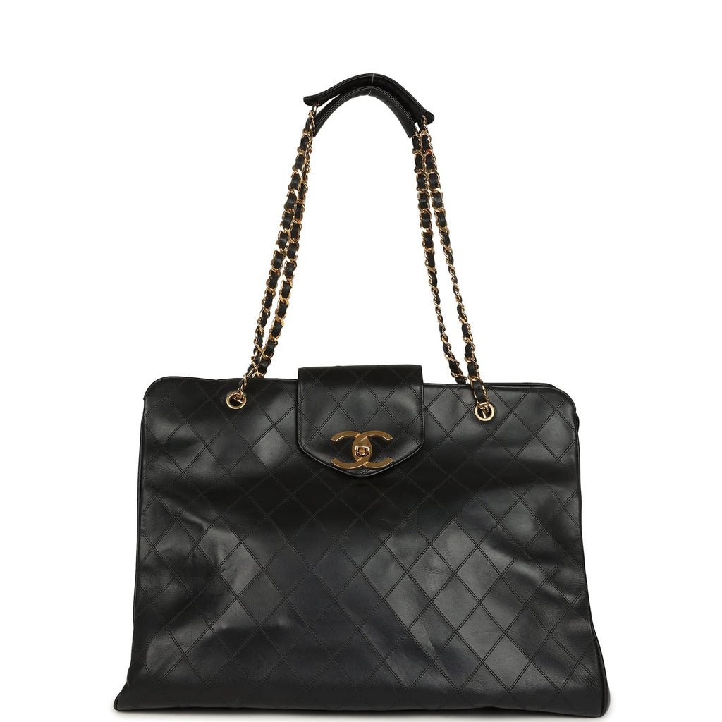 Vintage Chanel XL Supermodel Tote Bag Black Calfskin Gold Hardware