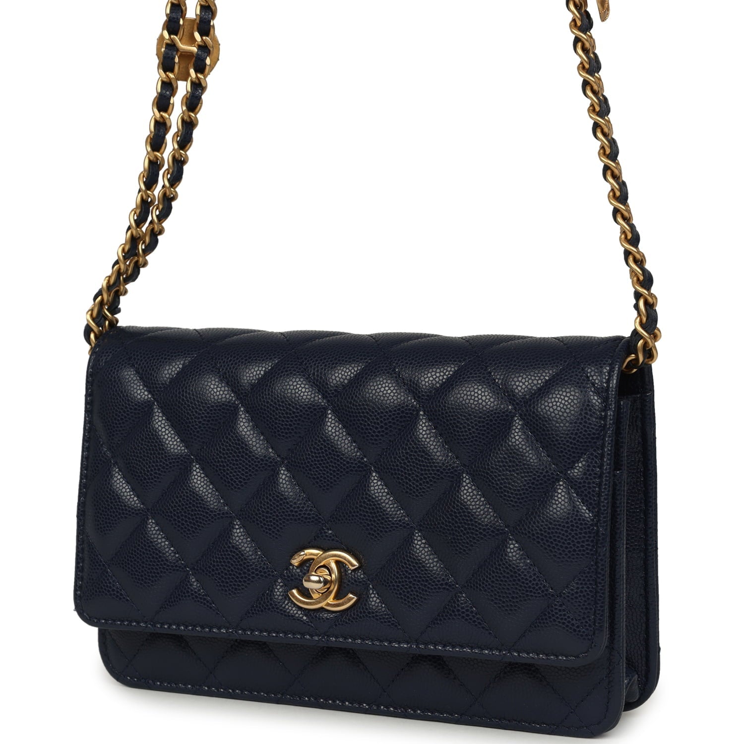 Chanel "Twist Your Buttons" Wallet On Chain WOC Navy Blue Shiny Caviar Antique Gold Hardware