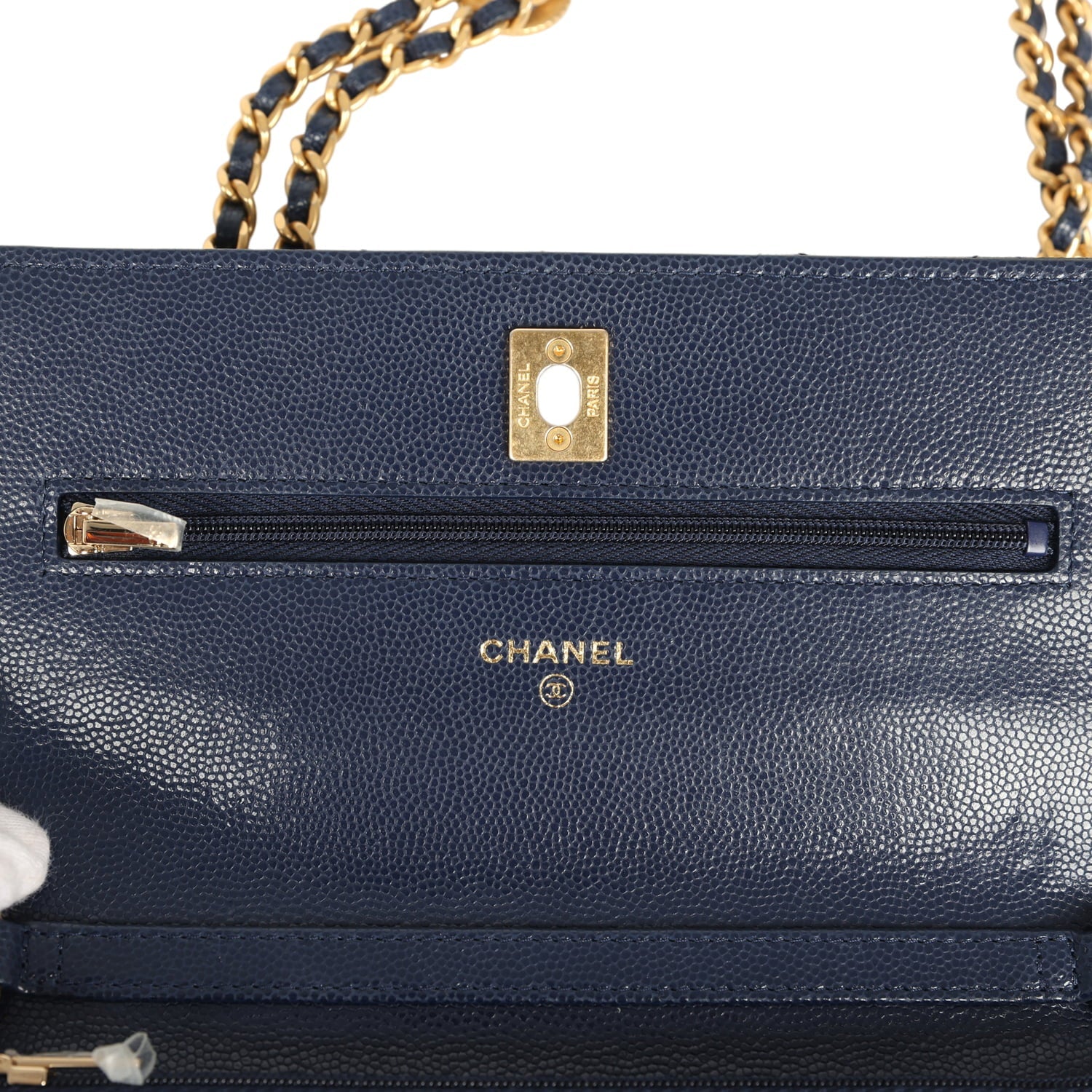 Chanel "Twist Your Buttons" Wallet On Chain WOC Navy Blue Shiny Caviar Antique Gold Hardware