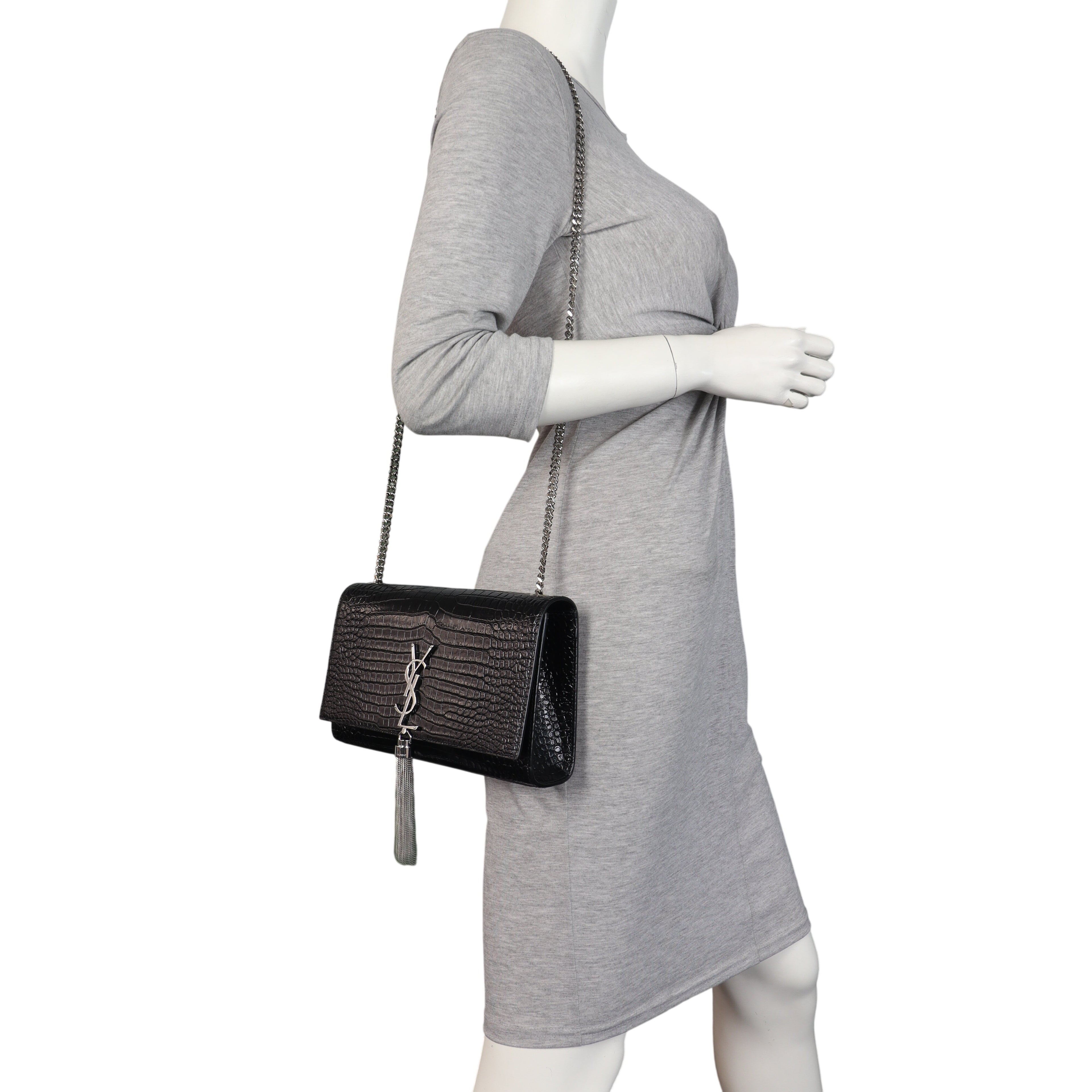 Saint Laurent Kate Tassel Chain Bag Medium Croc-Embossed