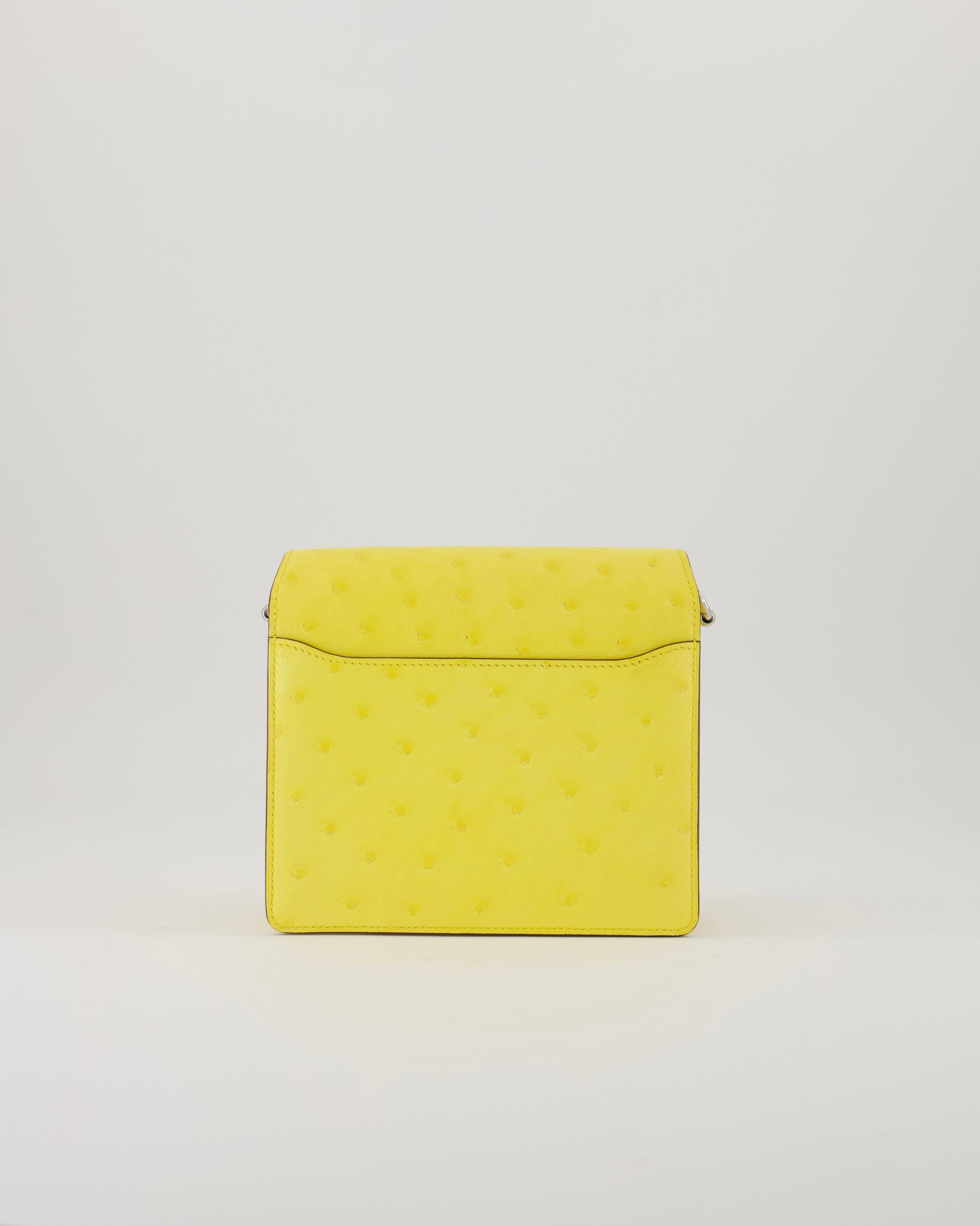 Hermès Mini Roulis 18 in Jaune Citron Ostrich Leather with Palladium Hardware