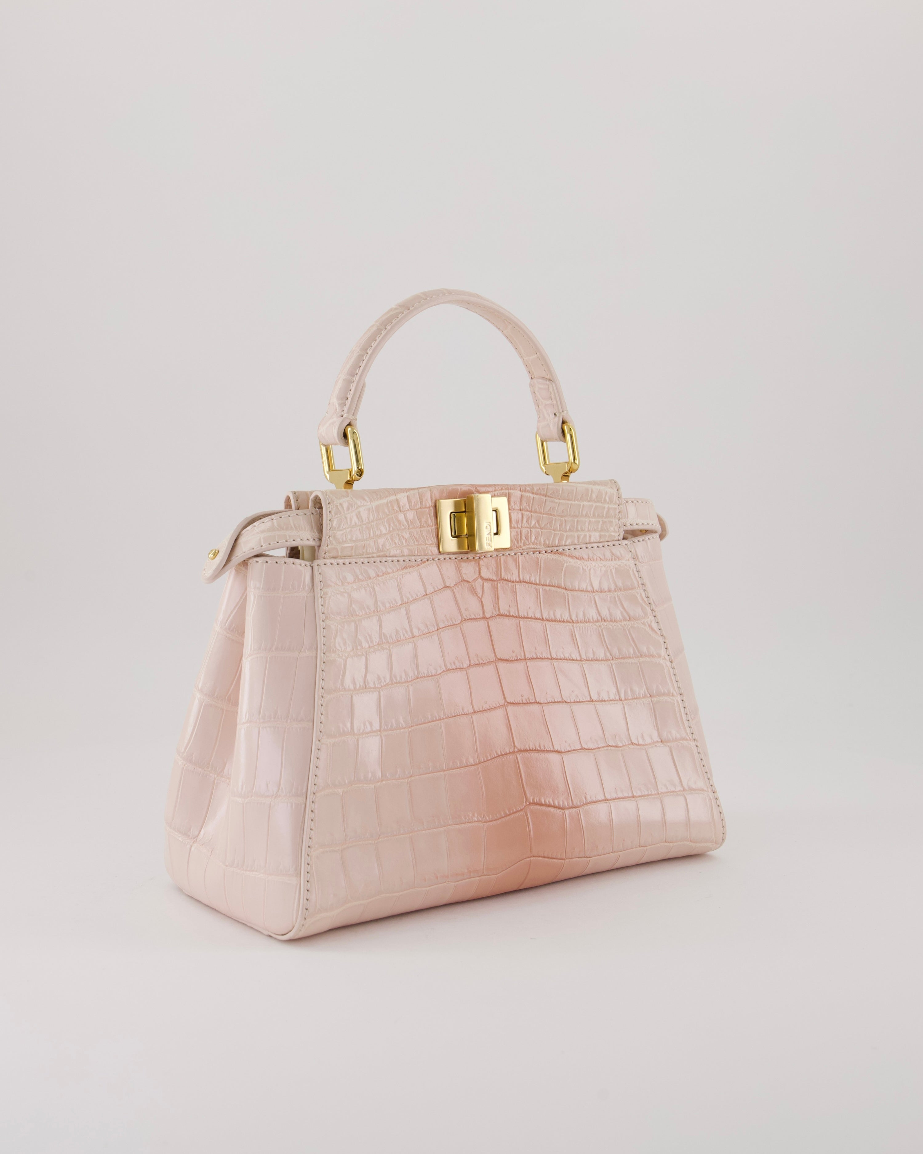 Fendi Mini Peekaboo in Egg Shell & Rose Niloticus Crocodile Leather with Gold Hardware