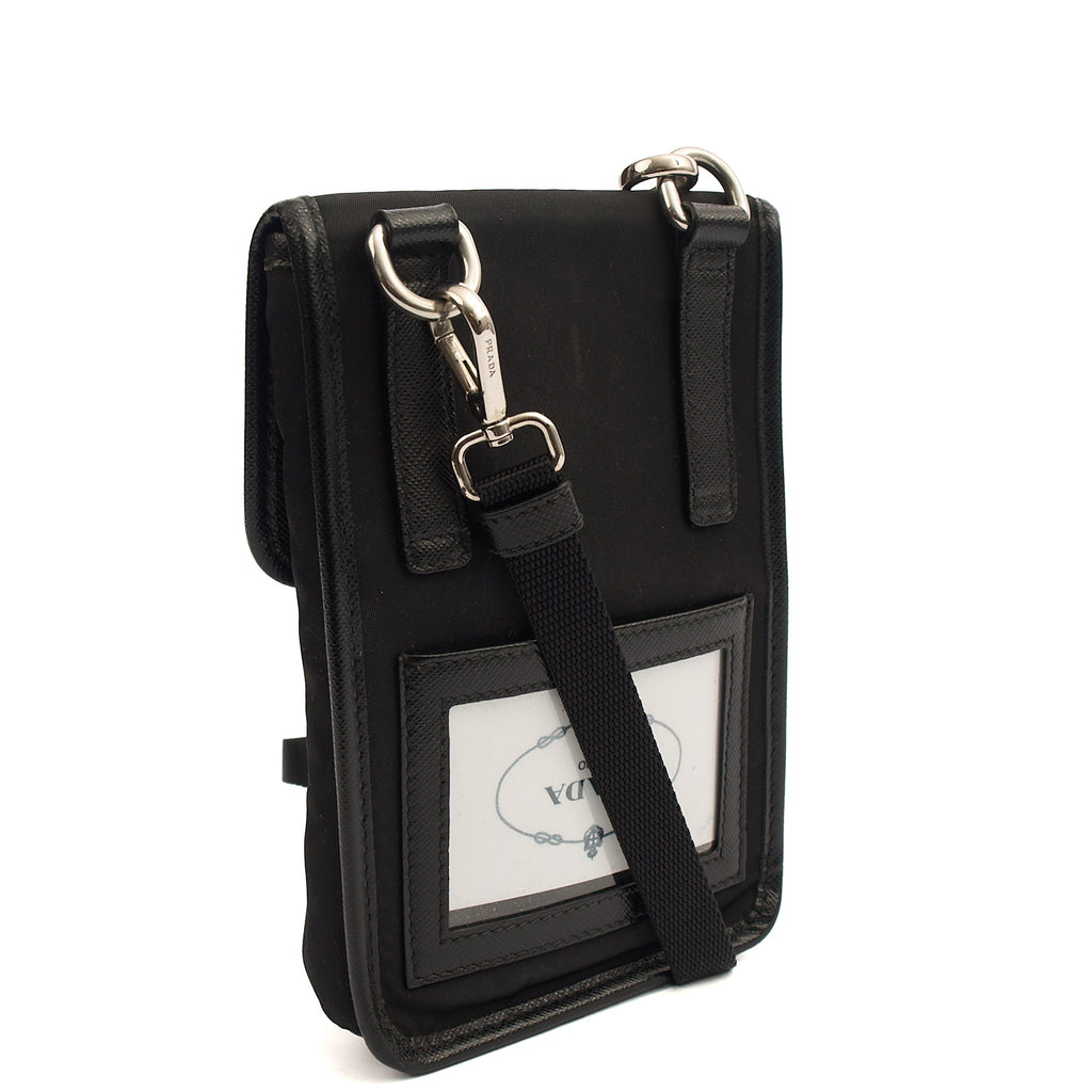 Prada Cross Body Plaque Logo Leather Mini Bag in Black, Nylon