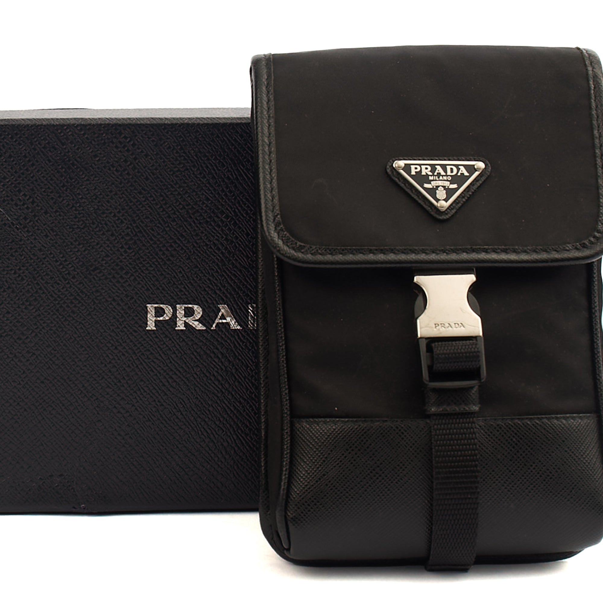 Prada Cross Body Plaque Logo Leather Mini Bag in Black, Nylon