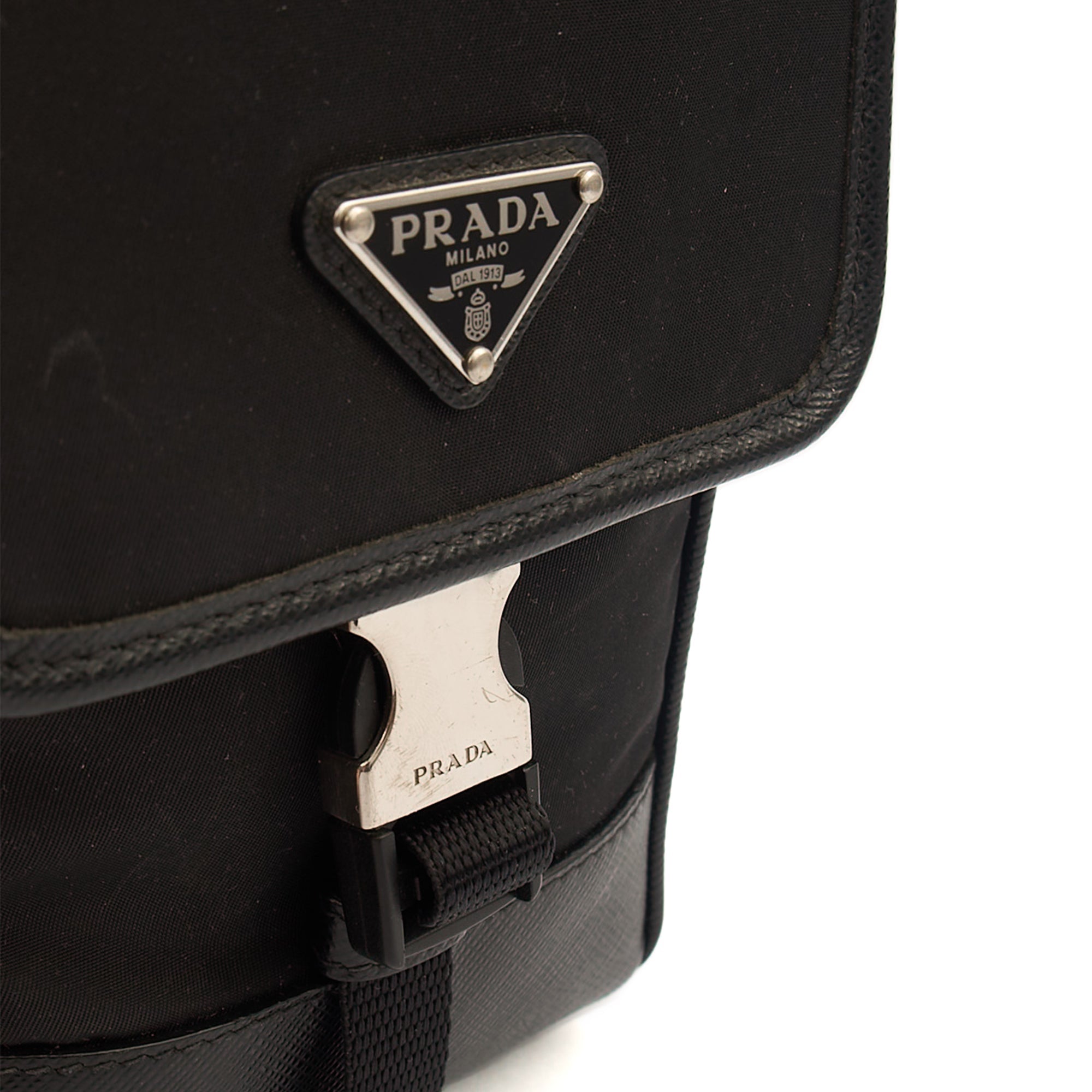 Prada Cross Body Plaque Logo Leather Mini Bag in Black, Nylon