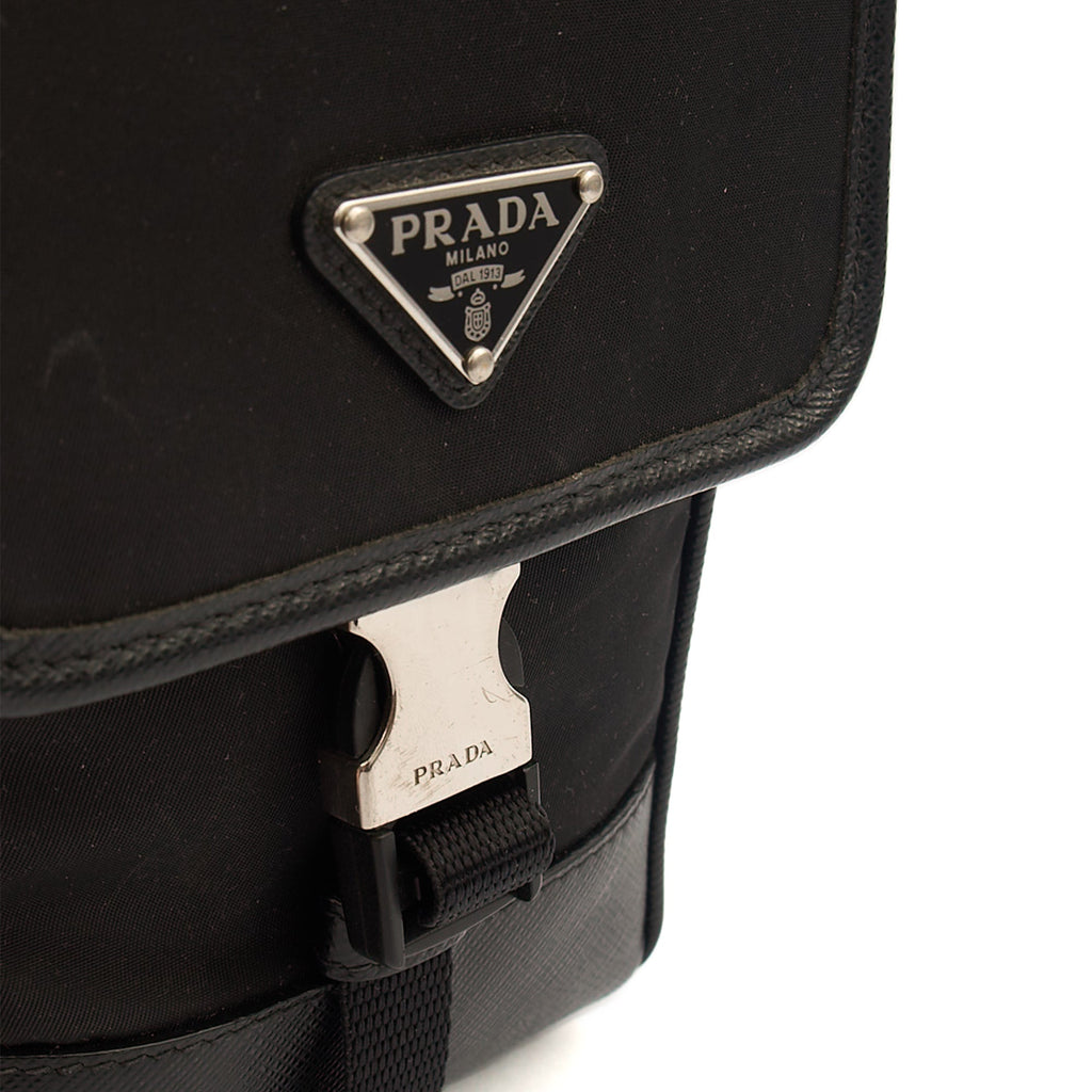 Prada Cross Body Plaque Logo Leather Mini Bag in Black, Nylon