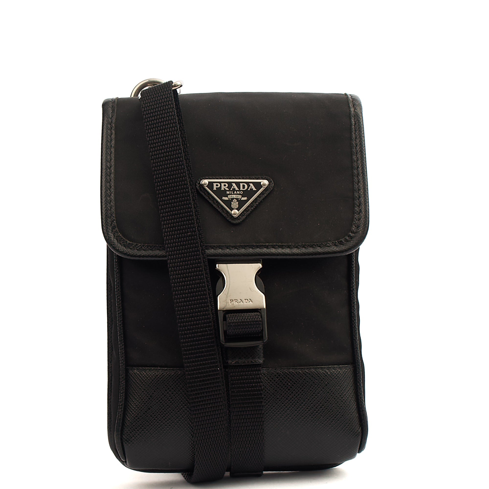 Prada Cross Body Plaque Logo Leather Mini Bag in Black, Nylon