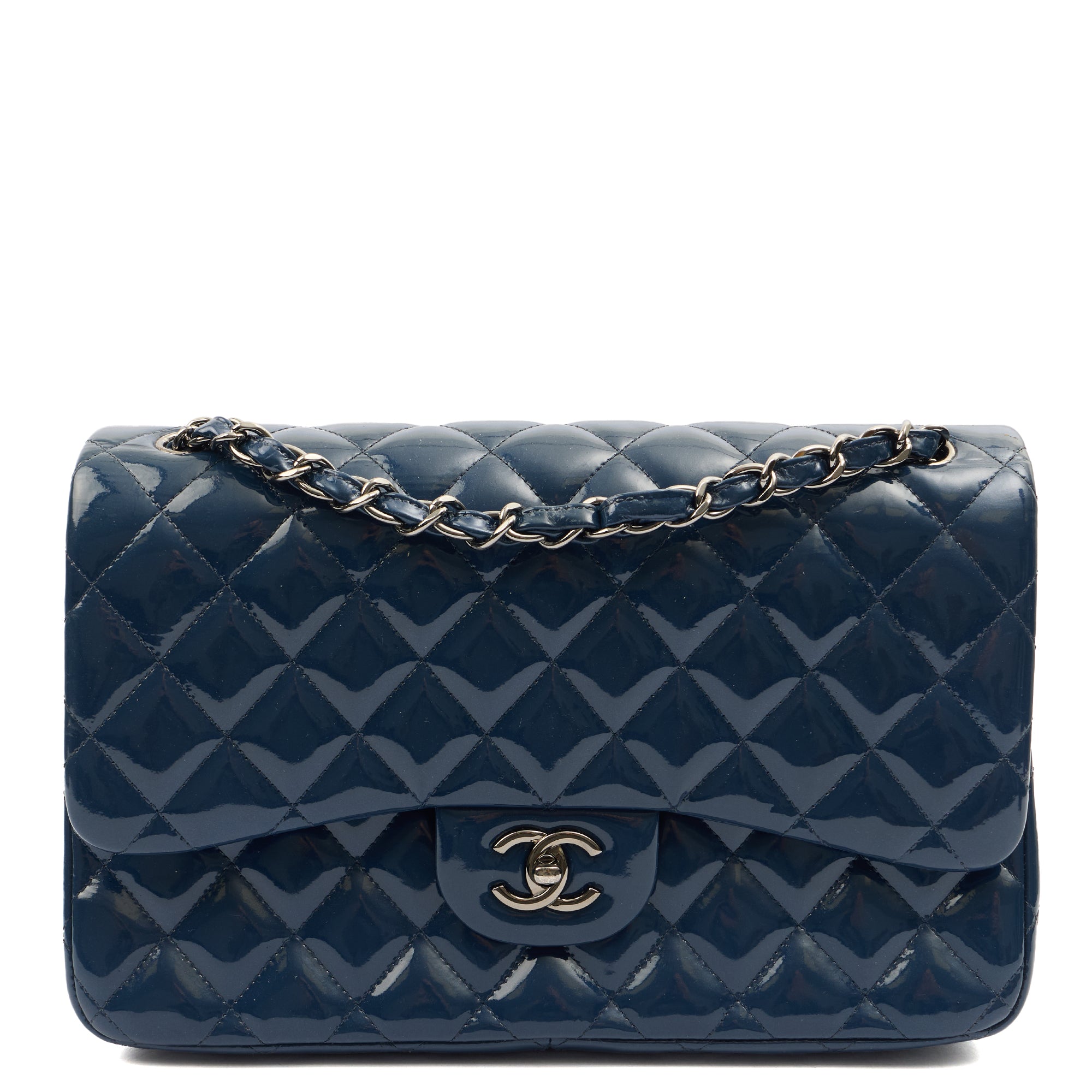 Chanel Shoulder Bag Classic Double Flap - Medium in Blue, Patent Leather