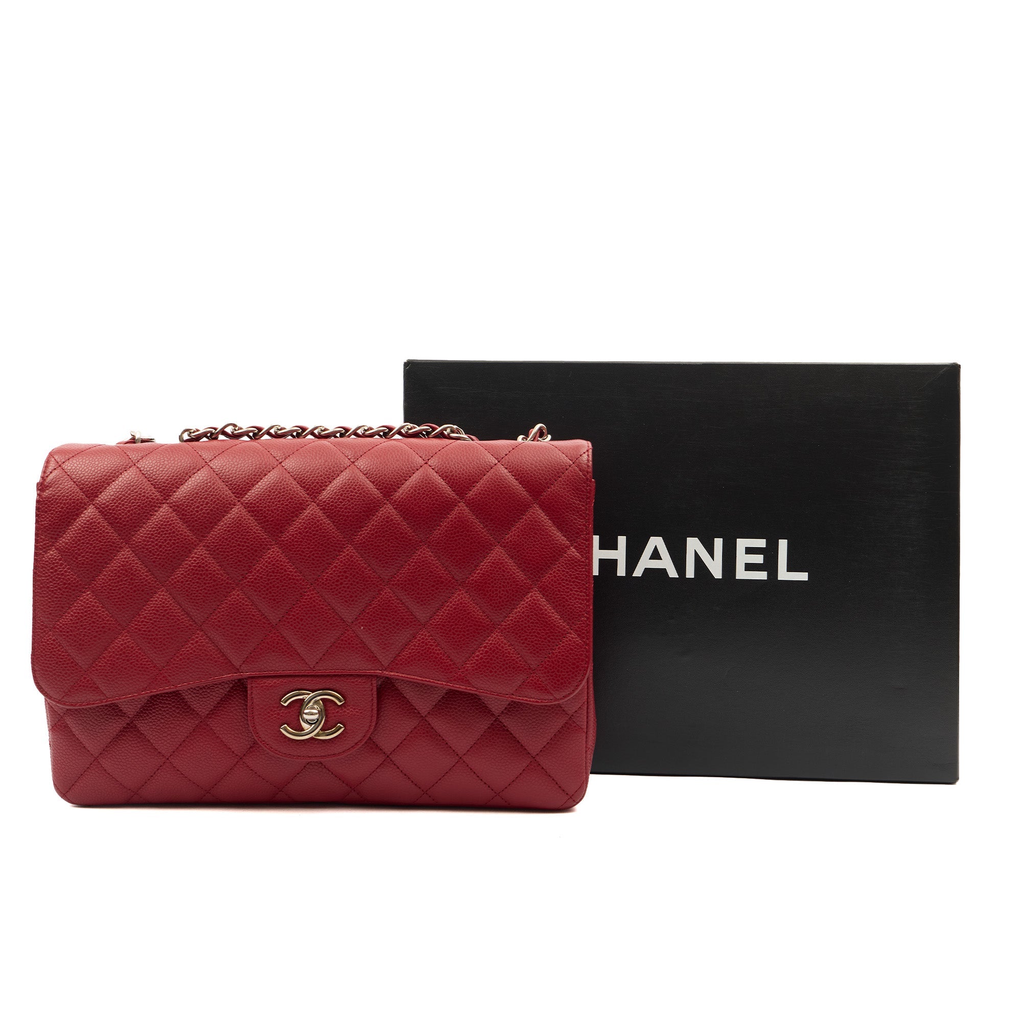 Chanel Shoulder Bag Classic Single Flap - Jumbo in Red, Caviar Leather