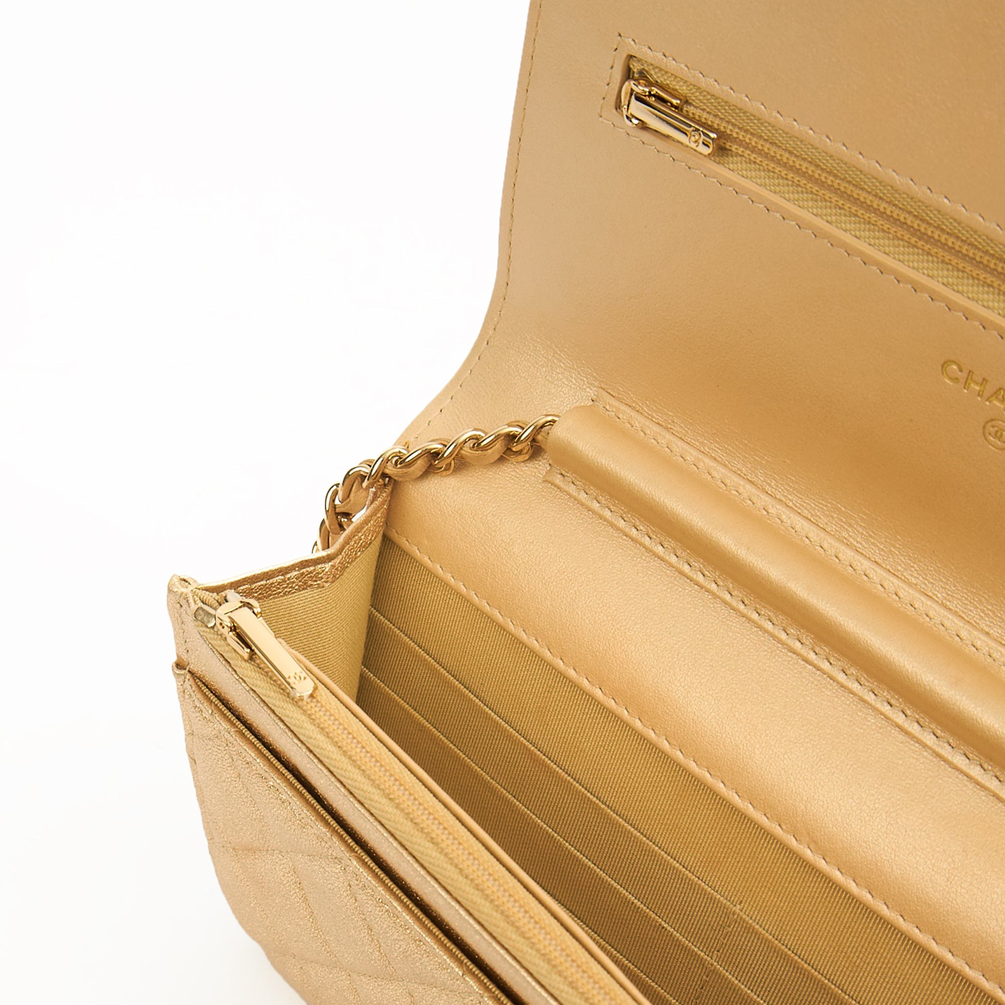 Chanel Cross Body Wallet on Chain in Metallic, Fabric
