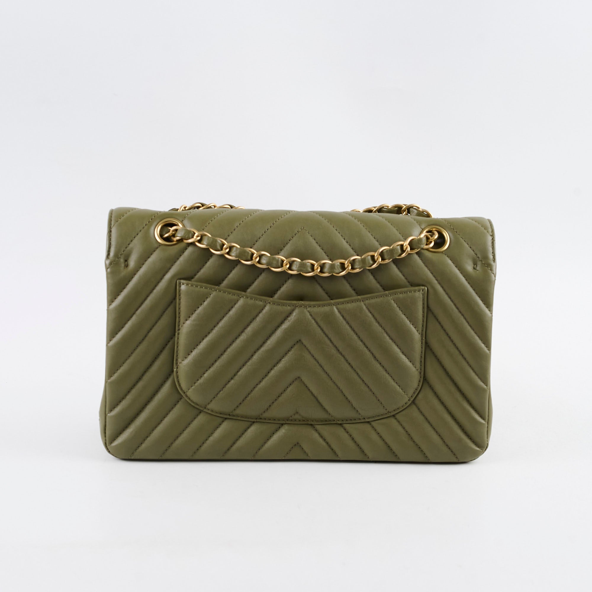 Chanel Medium Classic Flap Khaki Green Chevron Calfskin GHW