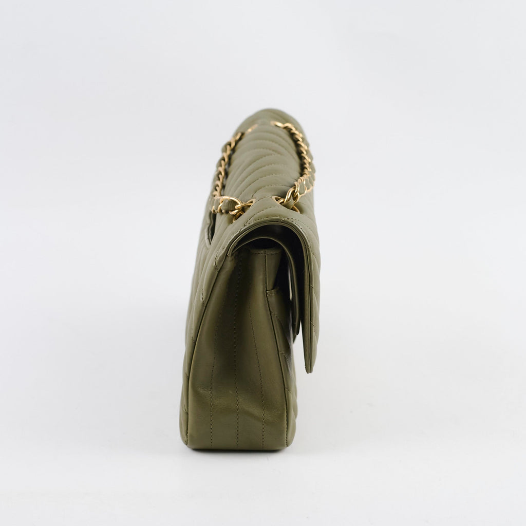 Chanel Medium Classic Flap Khaki Green Chevron Calfskin GHW