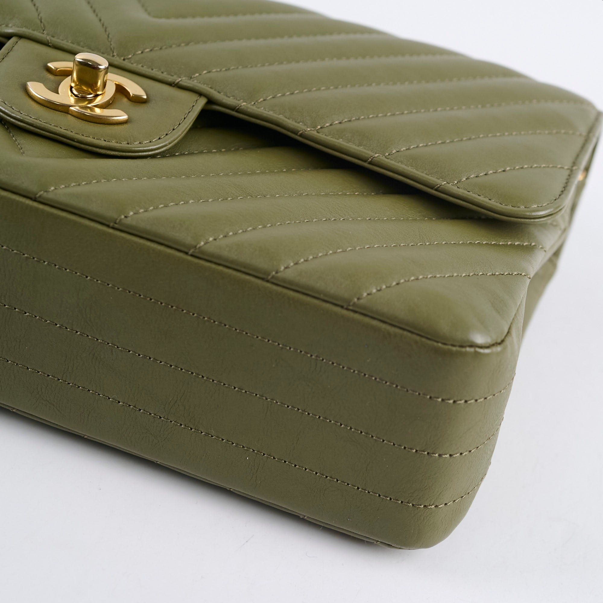 Chanel Medium Classic Flap Khaki Green Chevron Calfskin GHW
