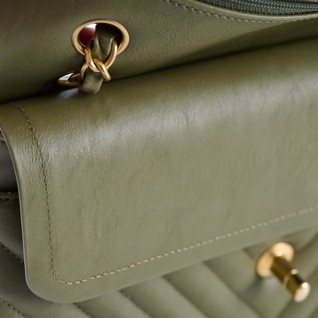 Chanel Medium Classic Flap Khaki Green Chevron Calfskin GHW