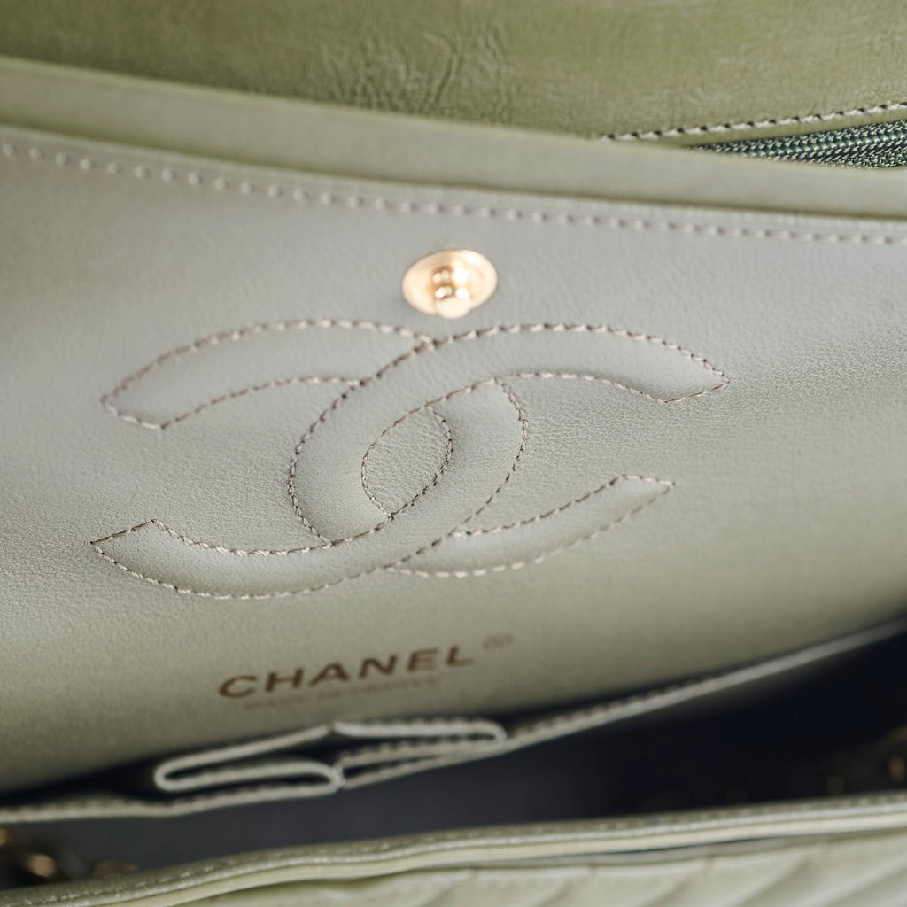 Chanel Medium Classic Flap Khaki Green Chevron Calfskin GHW
